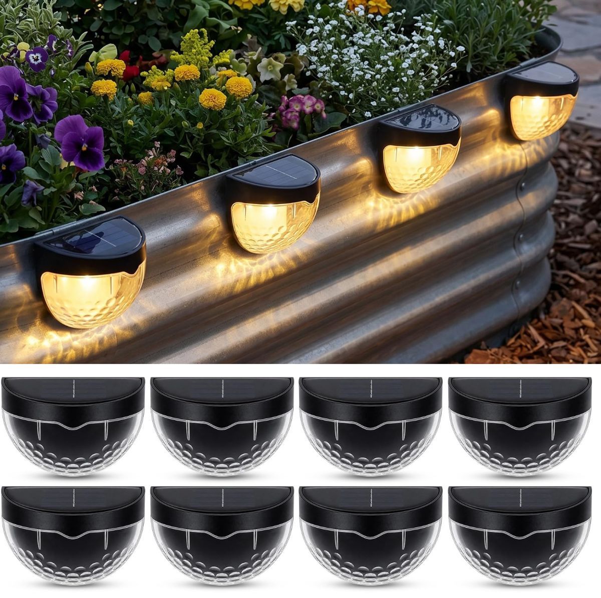 Raised Garden Bed Solar Lights Magnetic with Dusk to Dawn Sensors Wide Angle IPX4 Waterproof Solar Powered Lights Outdoor for Planter Raised Beds Garden Patio Yard Fence, Warm White - Black - Size 8 Pack - Image 1