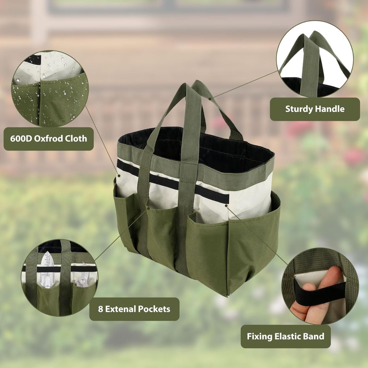 Garden Tool Bag Organizer, Tote Storage Bag with 8 Pocket, Heavy Duty Oxford Garden Tote Caddy, Gardening Tool Kit Holder for Indoor and Outdoor, Gifts for Men Women - Image 5