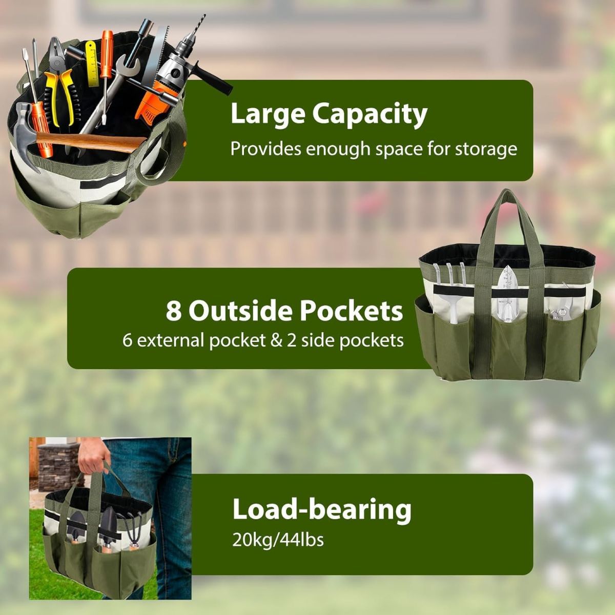 Garden Tool Bag Organizer, Tote Storage Bag with 8 Pocket, Heavy Duty Oxford Garden Tote Caddy, Gardening Tool Kit Holder for Indoor and Outdoor, Gifts for Men Women - Image 6