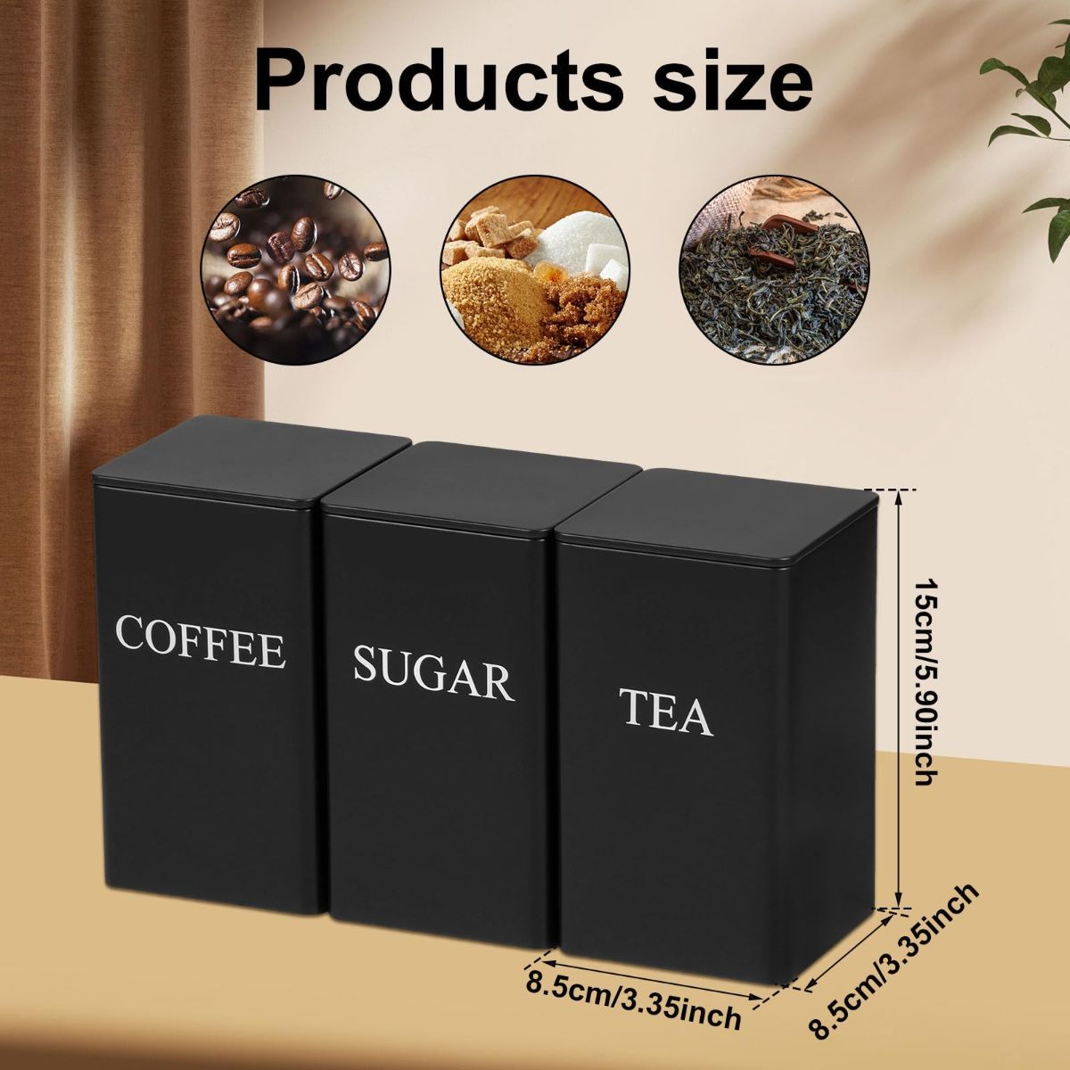 3Pcs Tea Coffee Sugar Canisters Set, Metal Coffee and Sugar Containers, Versatile Kitchen Storage Jars with Airtight Lids, Space Saving Food Canisters Set for Home Kitchen (Black) - Image 2