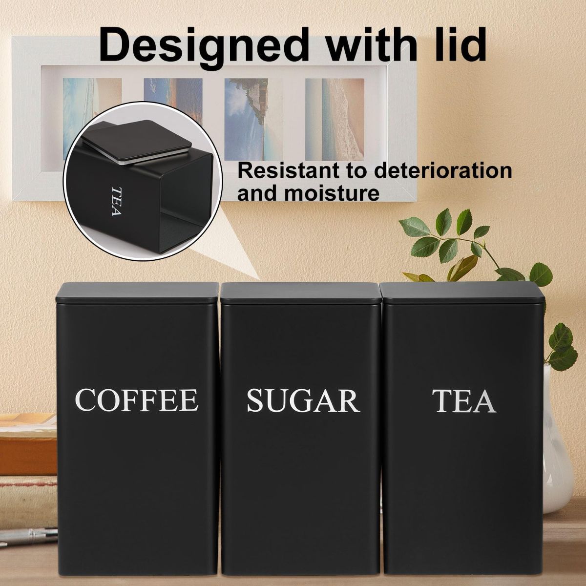3Pcs Tea Coffee Sugar Canisters Set, Metal Coffee and Sugar Containers, Versatile Kitchen Storage Jars with Airtight Lids, Space Saving Food Canisters Set for Home Kitchen (Black) - Image 4