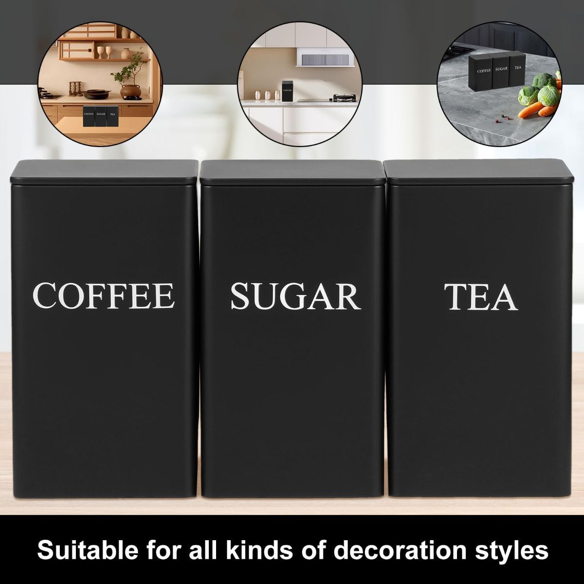 3Pcs Tea Coffee Sugar Canisters Set, Metal Coffee and Sugar Containers, Versatile Kitchen Storage Jars with Airtight Lids, Space Saving Food Canisters Set for Home Kitchen (Black) - Image 6