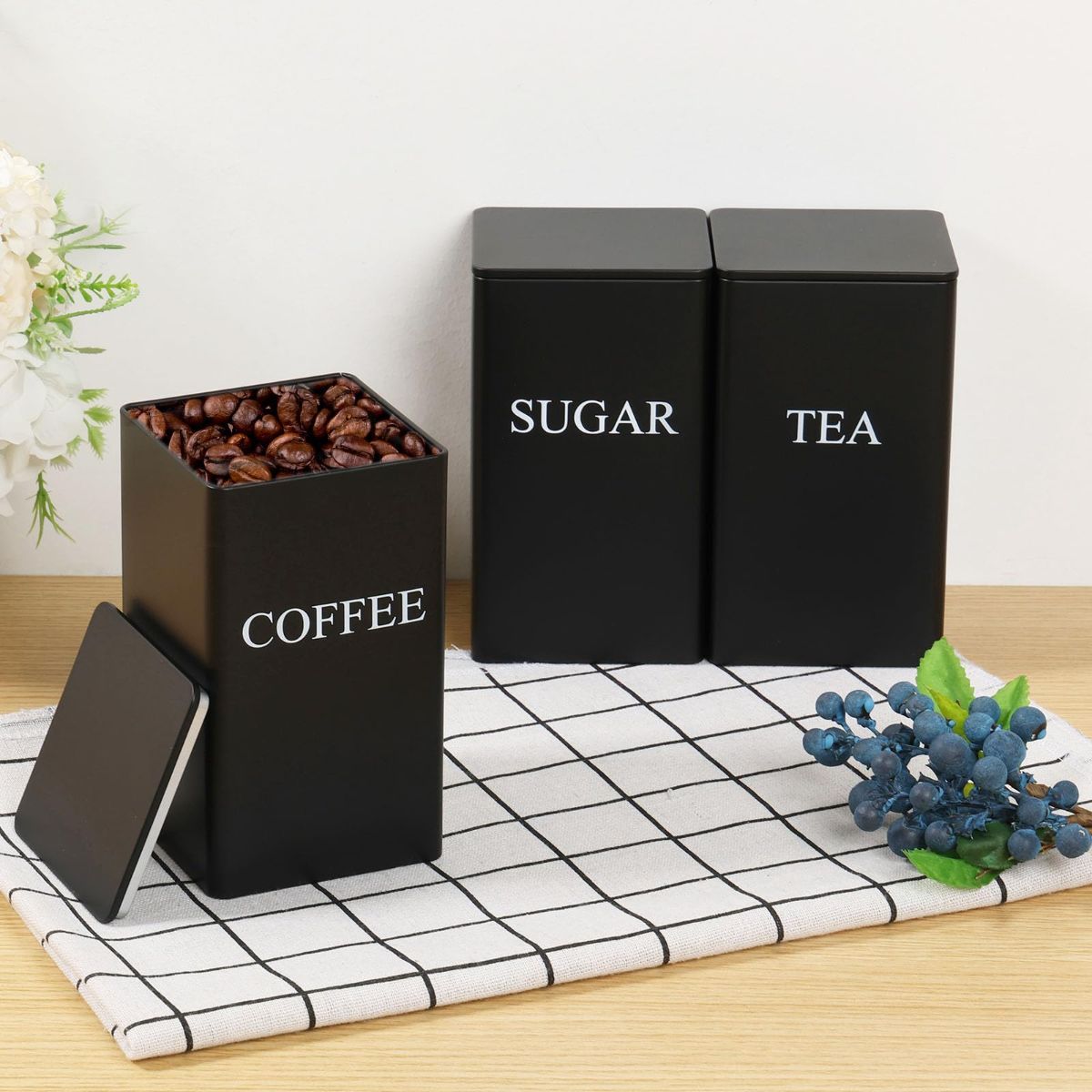3Pcs Tea Coffee Sugar Canisters Set, Metal Coffee and Sugar Containers, Versatile Kitchen Storage Jars with Airtight Lids, Space Saving Food Canisters Set for Home Kitchen (Black) - Image 8