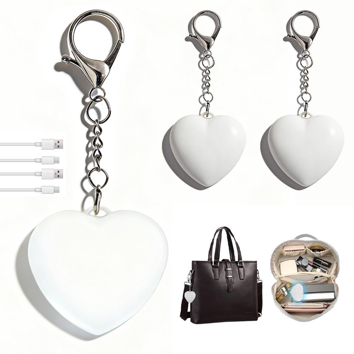 2Pcs Heart Purse Light - LED Automatic Sensor Handbag Lamp, Rechargeable Mini Bag Night Light for Women & Girls - Touch Activated Keychain Light for Totes, Backpacks, Travel Gifts - White - Size 5cm*6cm - Image 1