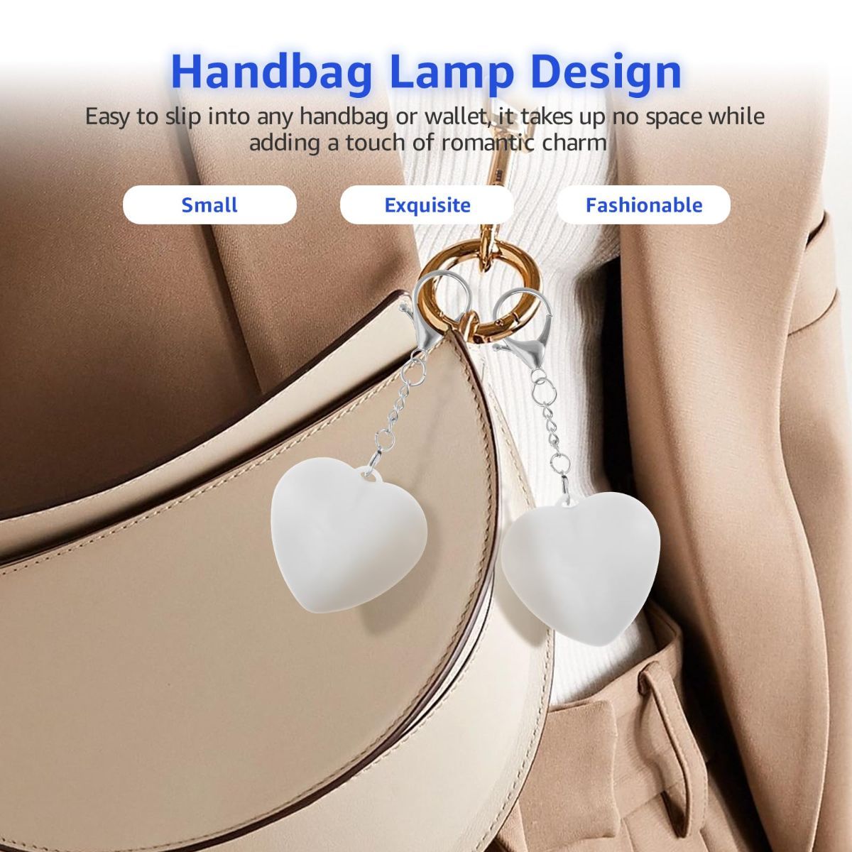 2Pcs Heart Purse Light - LED Automatic Sensor Handbag Lamp, Rechargeable Mini Bag Night Light for Women & Girls - Touch Activated Keychain Light for Totes, Backpacks, Travel Gifts - White - Size 5cm*6cm - Image 5