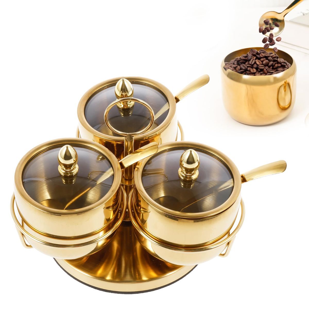 Stainless Steel Sugar Bowl Set, Rotatable 3 Flavour Seasoning Jar with Visible Glass Lid and Spoon, Condiment Pots Seasoning Box, Seasoning Dispenser, Reusable Spice Container for Kitchens - Image 1