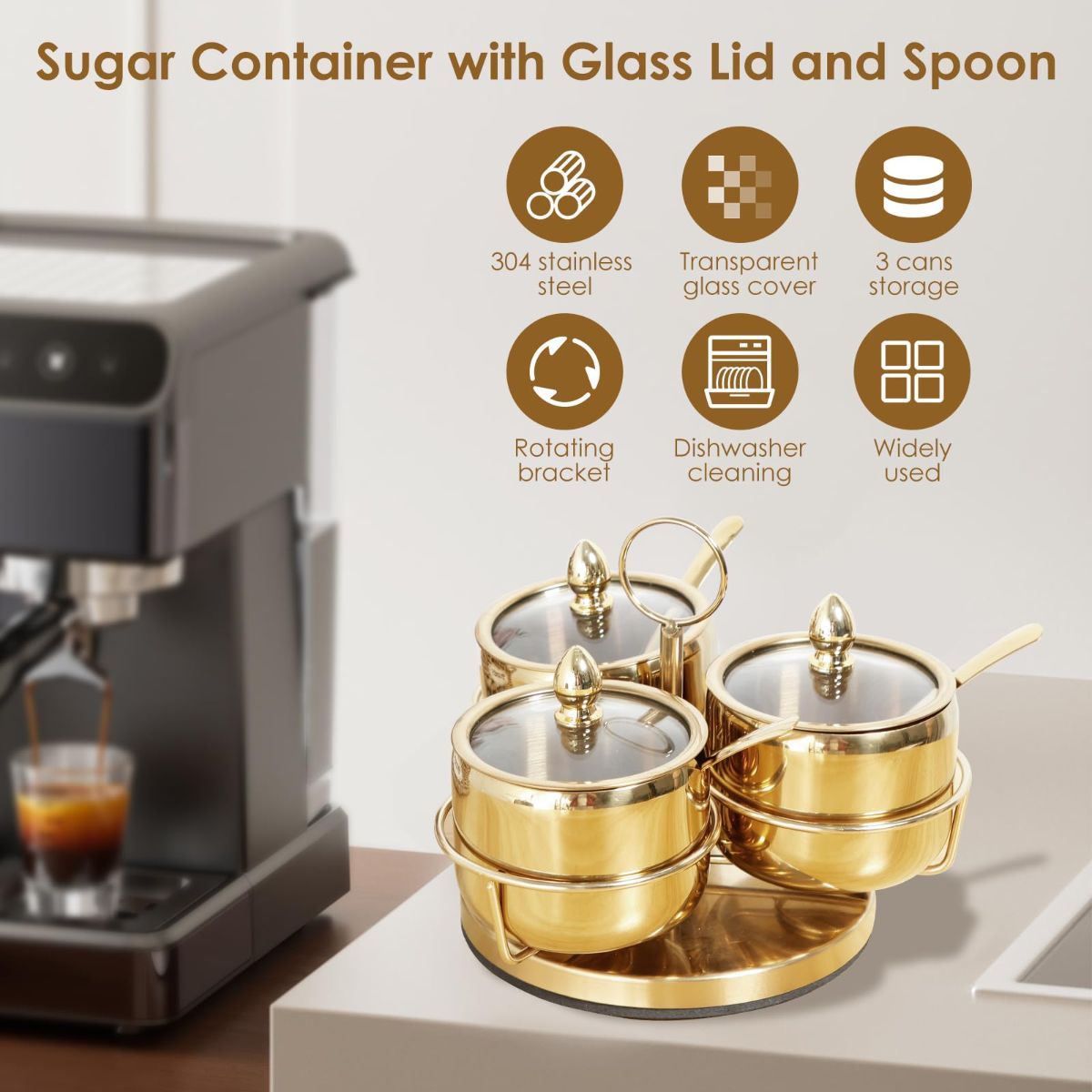 Stainless Steel Sugar Bowl Set, Rotatable 3 Flavour Seasoning Jar with Visible Glass Lid and Spoon, Condiment Pots Seasoning Box, Seasoning Dispenser, Reusable Spice Container for Kitchens - Image 2