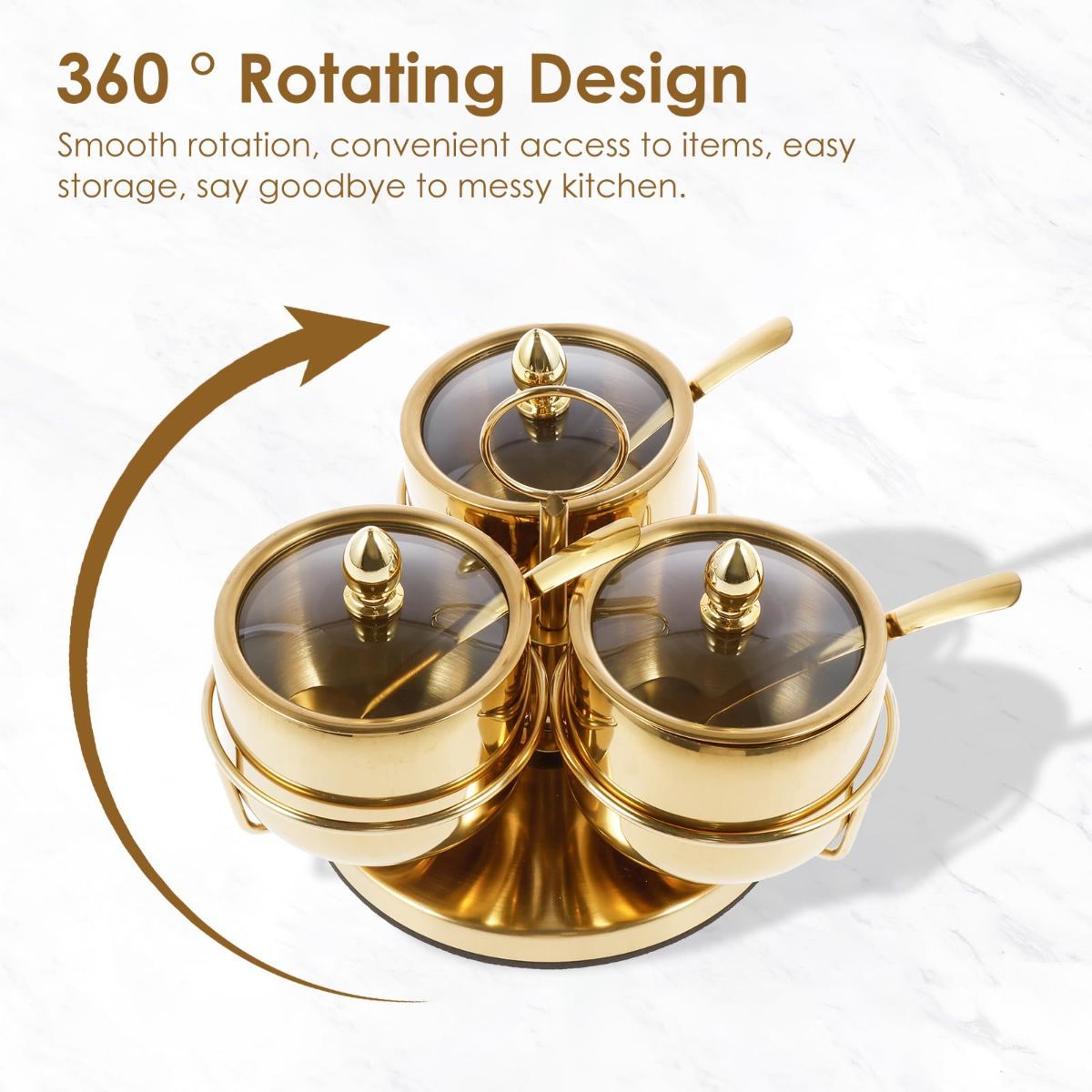 Stainless Steel Sugar Bowl Set, Rotatable 3 Flavour Seasoning Jar with Visible Glass Lid and Spoon, Condiment Pots Seasoning Box, Seasoning Dispenser, Reusable Spice Container for Kitchens - Image 3