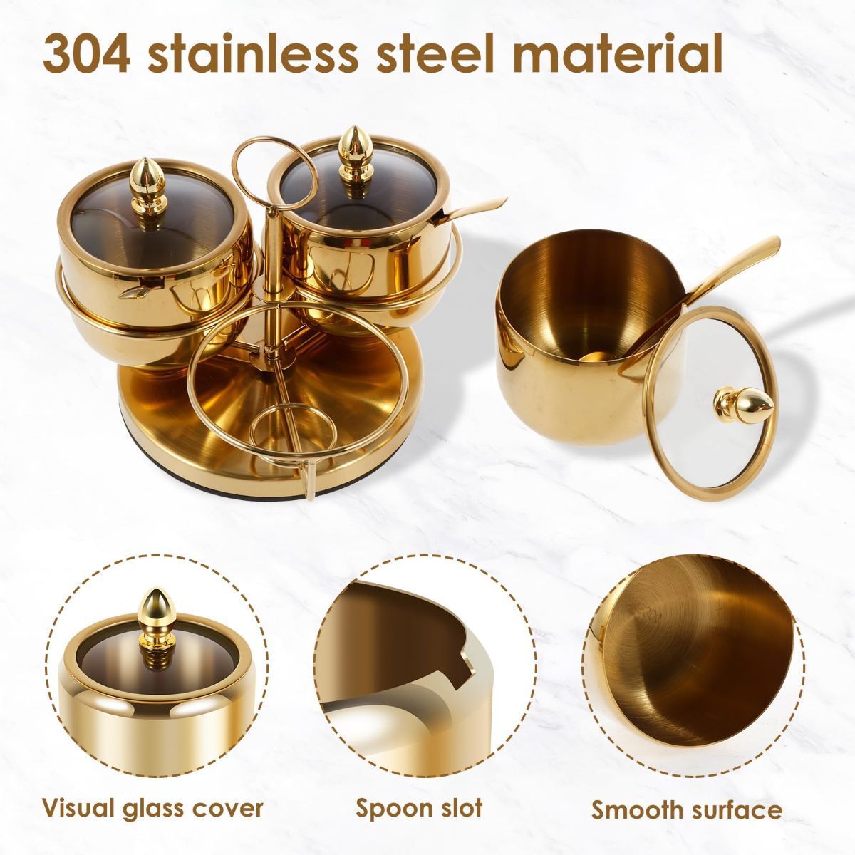 Stainless Steel Sugar Bowl Set, Rotatable 3 Flavour Seasoning Jar with Visible Glass Lid and Spoon, Condiment Pots Seasoning Box, Seasoning Dispenser, Reusable Spice Container for Kitchens - Image 4
