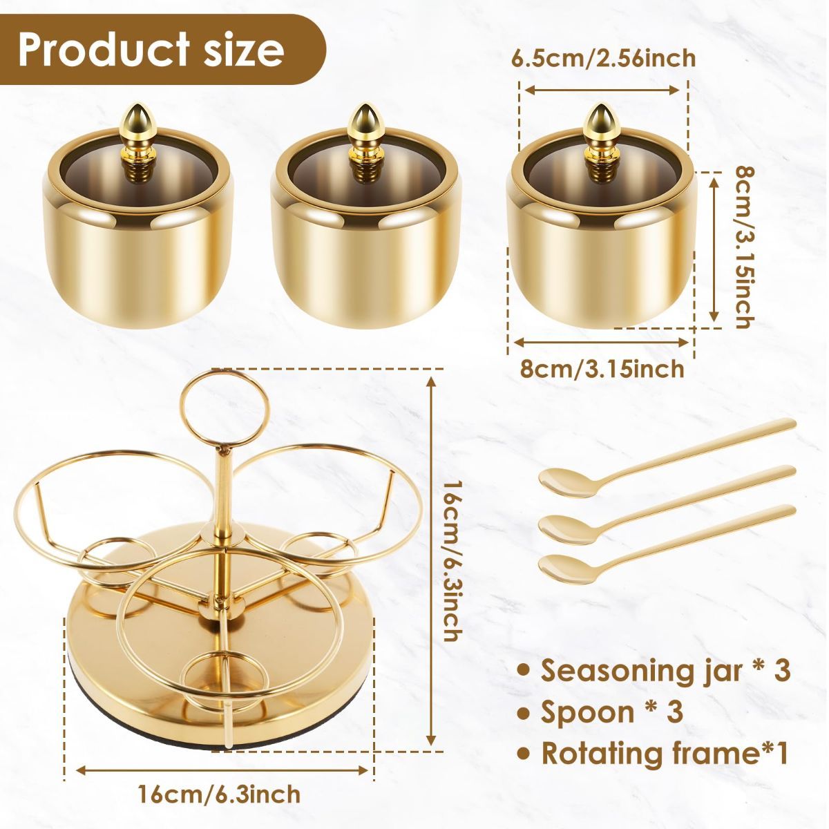 Stainless Steel Sugar Bowl Set, Rotatable 3 Flavour Seasoning Jar with Visible Glass Lid and Spoon, Condiment Pots Seasoning Box, Seasoning Dispenser, Reusable Spice Container for Kitchens - Image 5