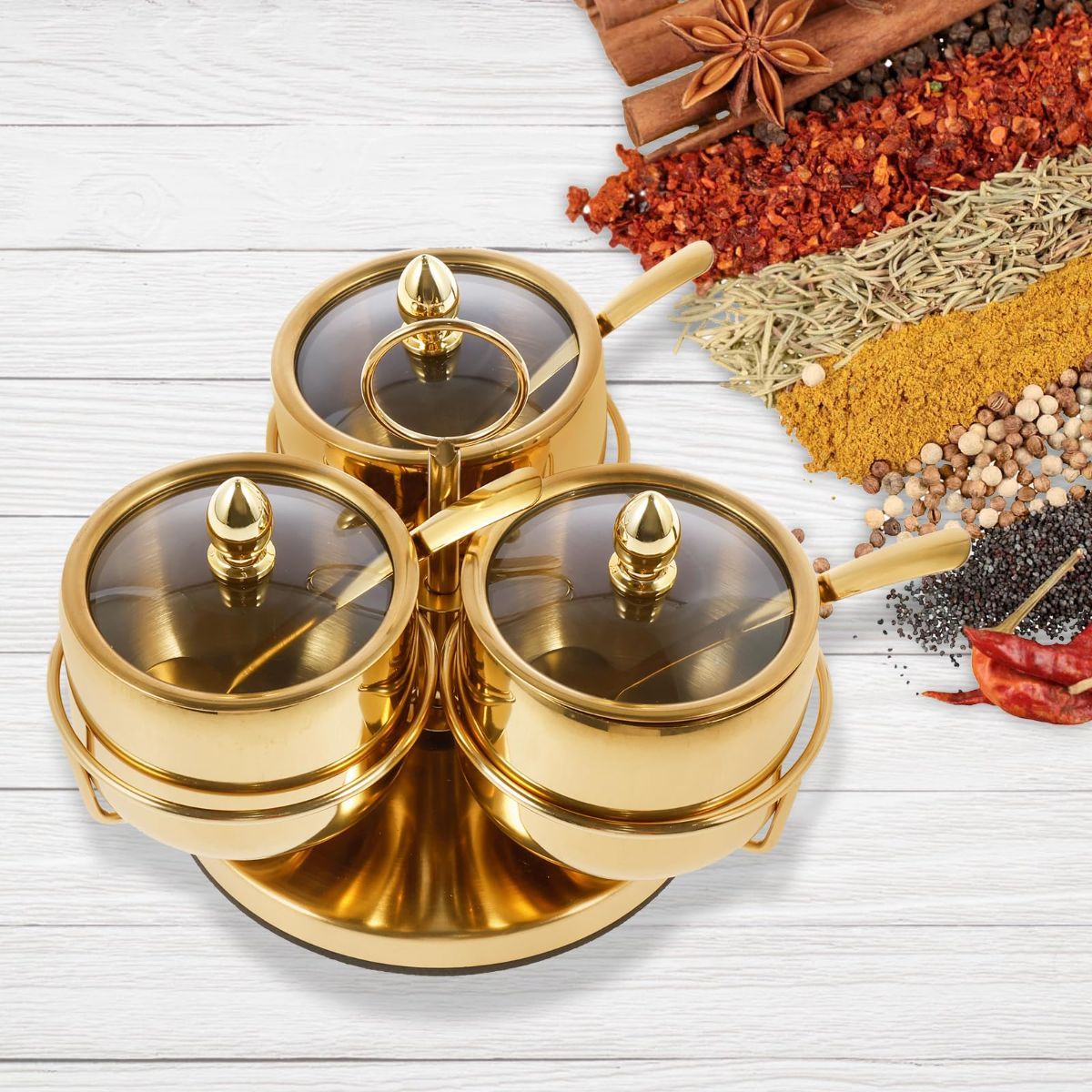 Stainless Steel Sugar Bowl Set, Rotatable 3 Flavour Seasoning Jar with Visible Glass Lid and Spoon, Condiment Pots Seasoning Box, Seasoning Dispenser, Reusable Spice Container for Kitchens - Image 7
