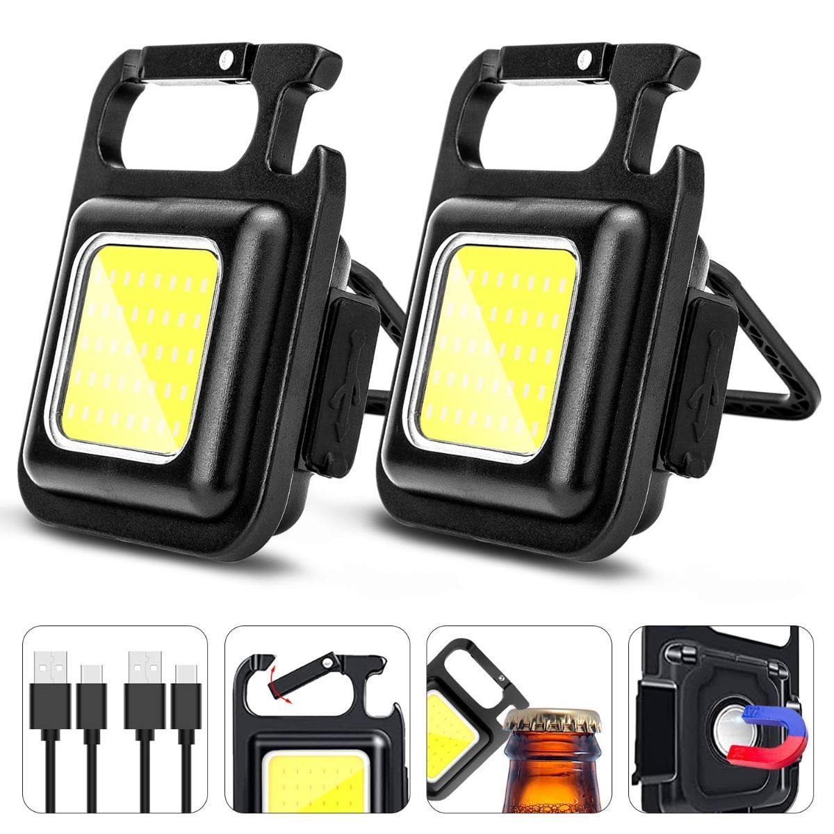COB Rechargeable Keychain Flashlight 2Pack, High Lumen Super Bright LED Work Light with Magnet,Clip,Bottle Opener for Dog Walking,Car Repair, Emergency,Camping,EDC - Image 1