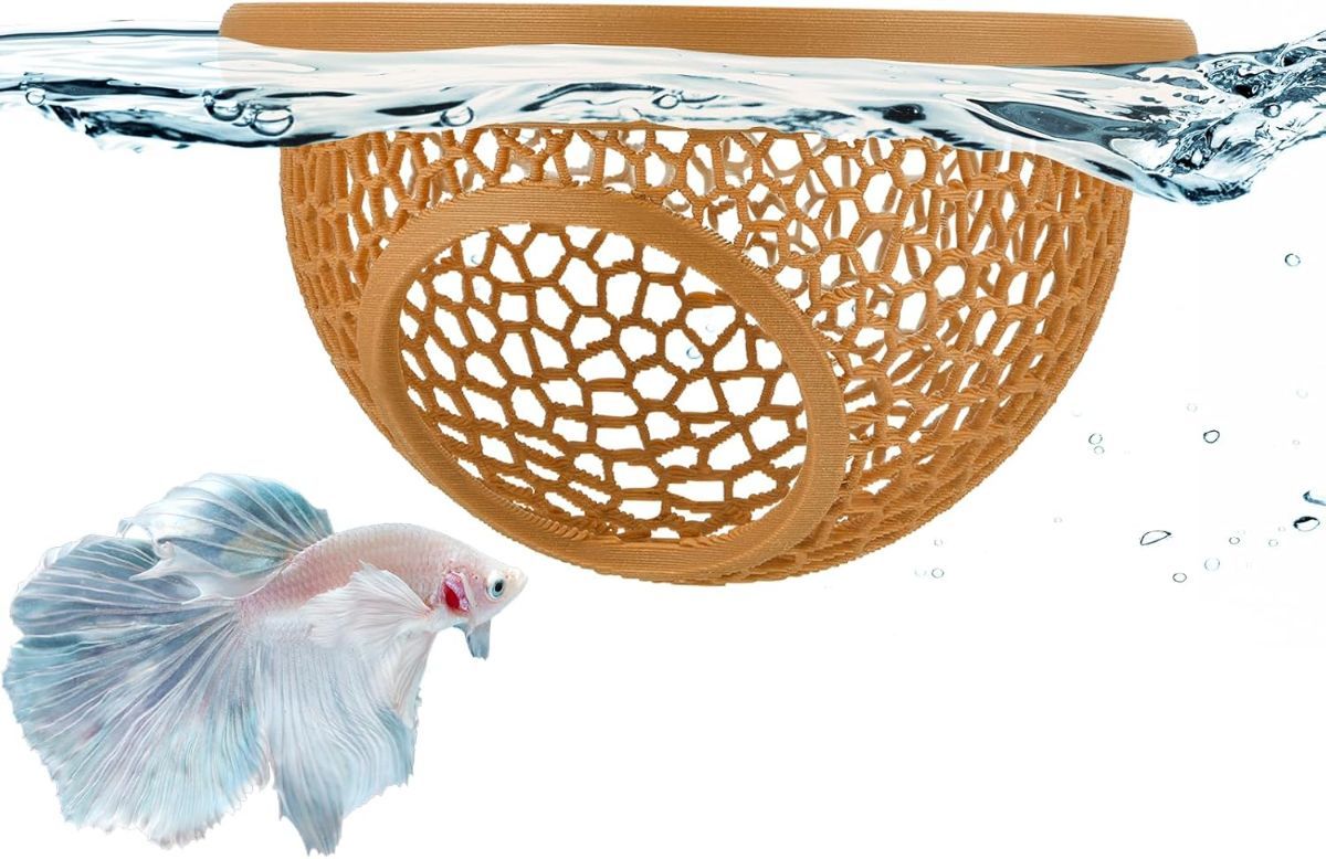 Floating Betta Hide & Shrimp Cave – 3D Printed Aquarium Hammock, Feeder & Rest Spot – Floating Betta Log & Cave Decor for Nano Tanks, Corydoras, Shrimp & Small Fish – Safe PLA, Patent Pending - Yellow - Size S - Image 1