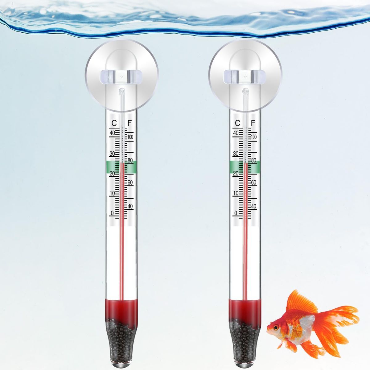 2 Pcs Floating Aquarium Thermometers, Floating Glass Aquarium Thermometer with Suction Cup, Mercury Free Large Standing Thermometer for Freshwater and Saltwater Fish - Image 1