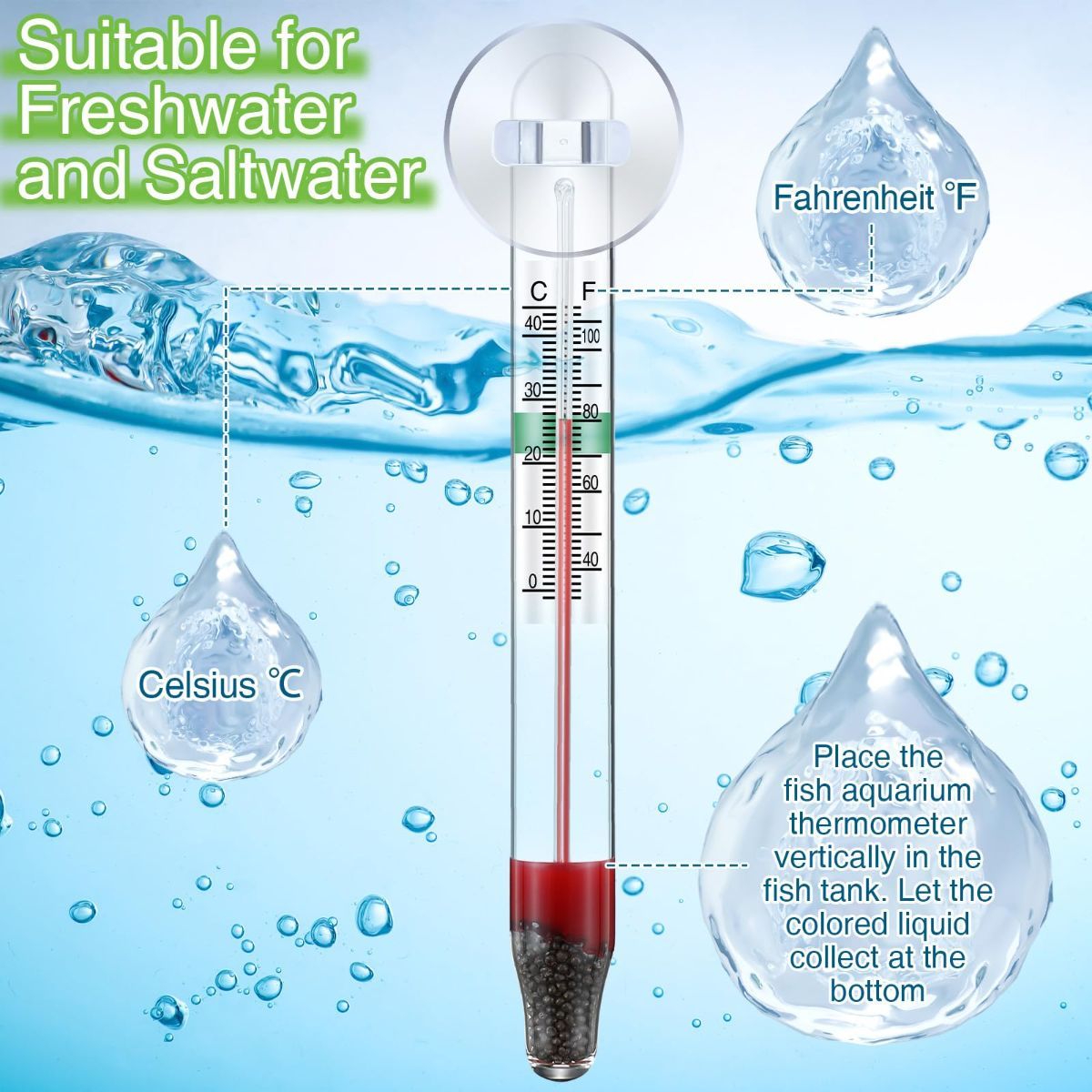 2 Pcs Floating Aquarium Thermometers, Floating Glass Aquarium Thermometer with Suction Cup, Mercury Free Large Standing Thermometer for Freshwater and Saltwater Fish - Image 5