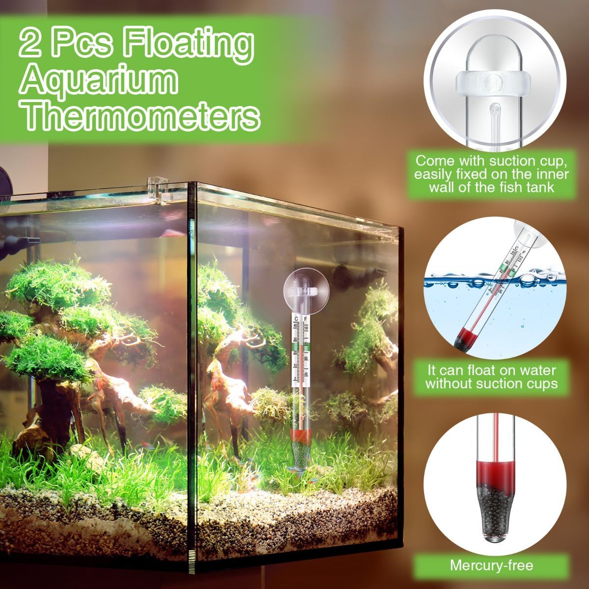 2 Pcs Floating Aquarium Thermometers, Floating Glass Aquarium Thermometer with Suction Cup, Mercury Free Large Standing Thermometer for Freshwater and Saltwater Fish - Image 6