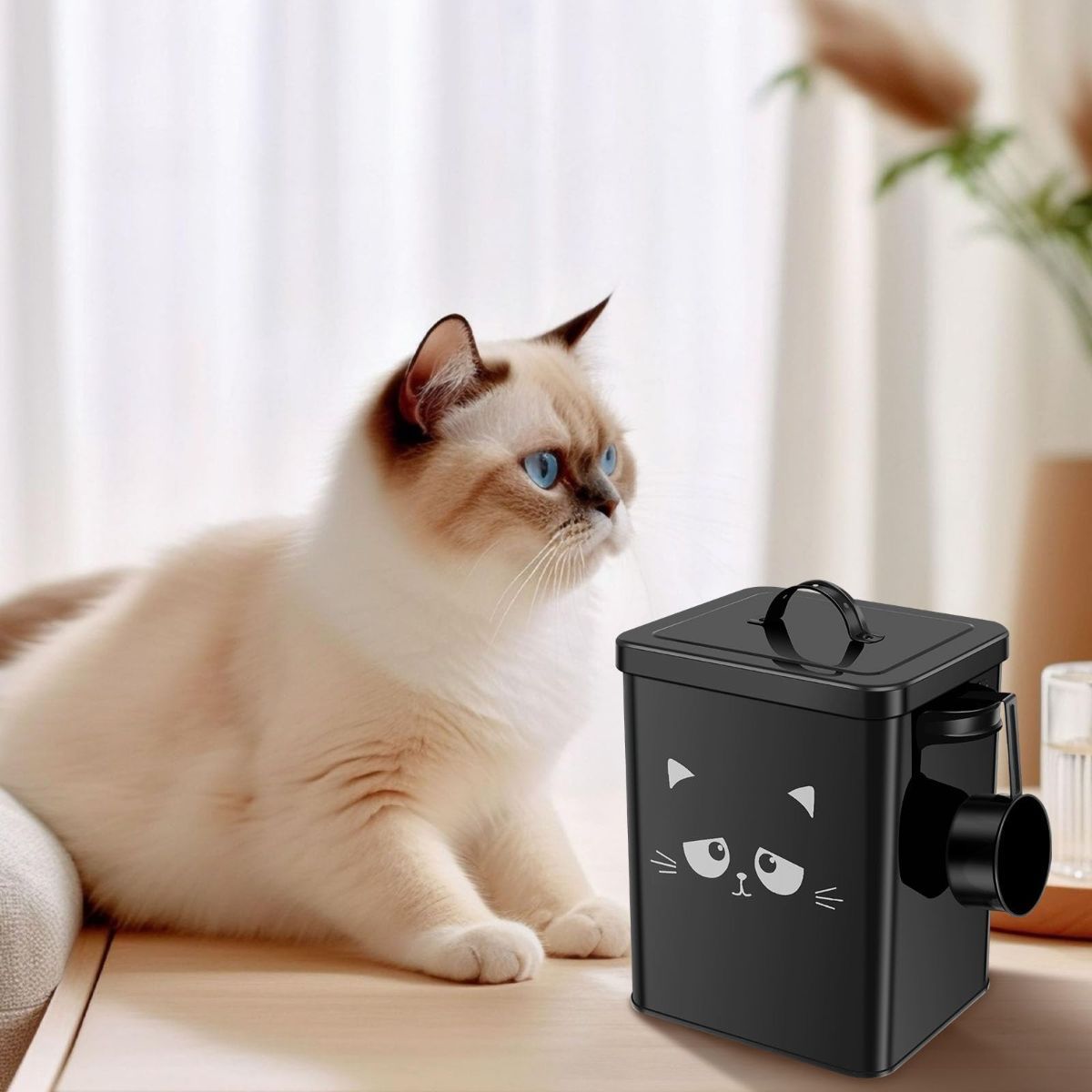 Cat Food Storage Container, 6L/202OZ Large Capacity Pet Food Storage Bin with Airtight Lid and Scoop, Metal Pet Storage Bucket, Portable Cute Cat Treat Container for Home Travels - Image 5