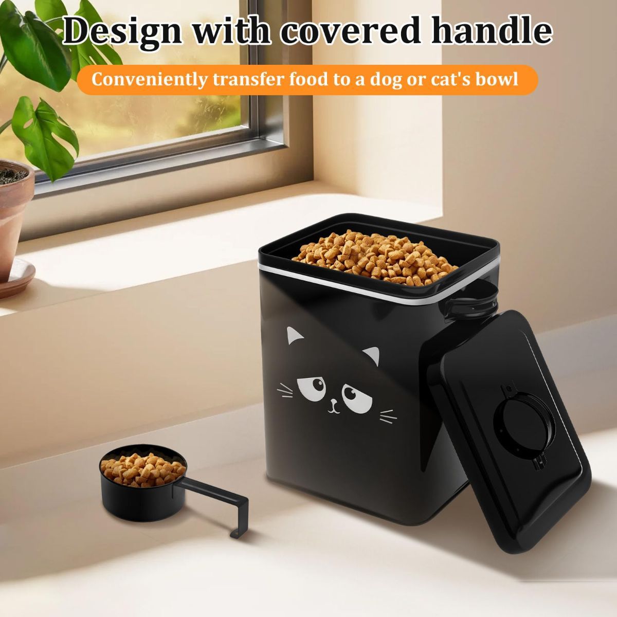 Cat Food Storage Container, 6L/202OZ Large Capacity Pet Food Storage Bin with Airtight Lid and Scoop, Metal Pet Storage Bucket, Portable Cute Cat Treat Container for Home Travels - Image 6