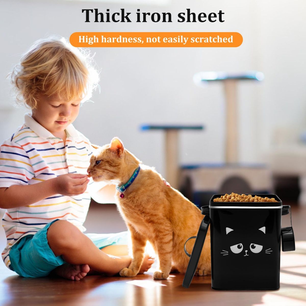 Cat Food Storage Container, 6L/202OZ Large Capacity Pet Food Storage Bin with Airtight Lid and Scoop, Metal Pet Storage Bucket, Portable Cute Cat Treat Container for Home Travels - Image 8