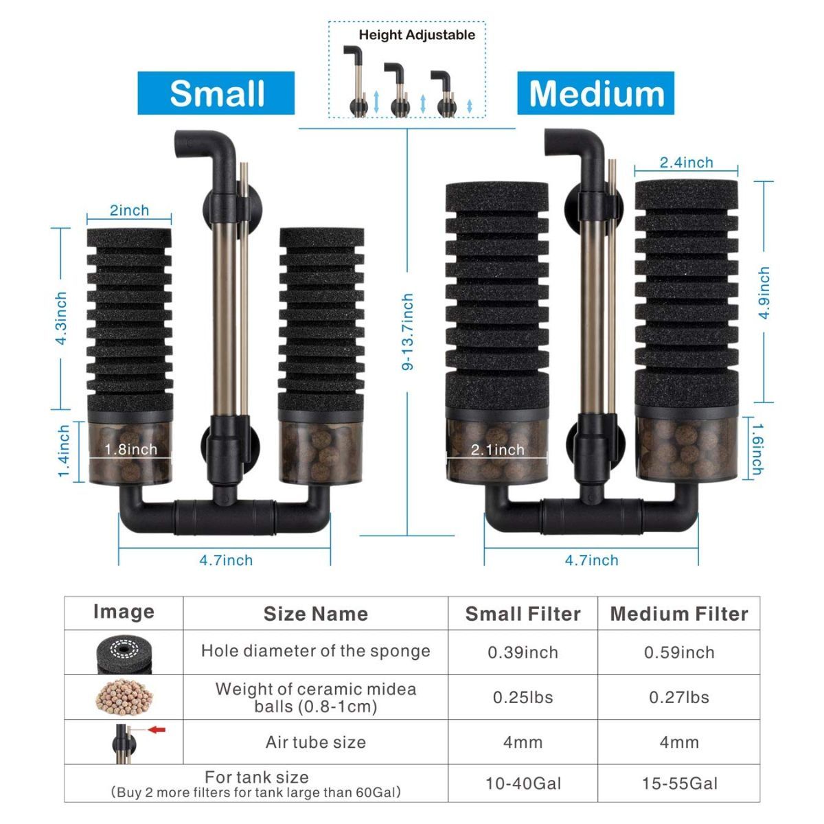Aquarium Double Sponge Filter, Comes with 2 Spare Sponges - Black - Size M - Image 6
