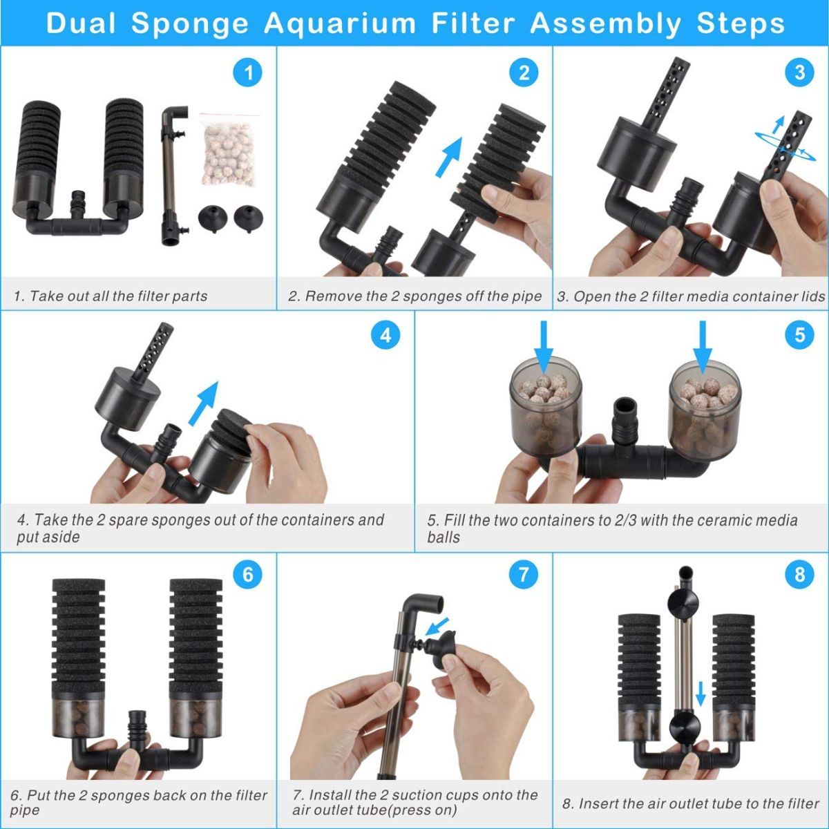 Aquarium Double Sponge Filter, Comes with 2 Spare Sponges - Black - Size S - Image 4