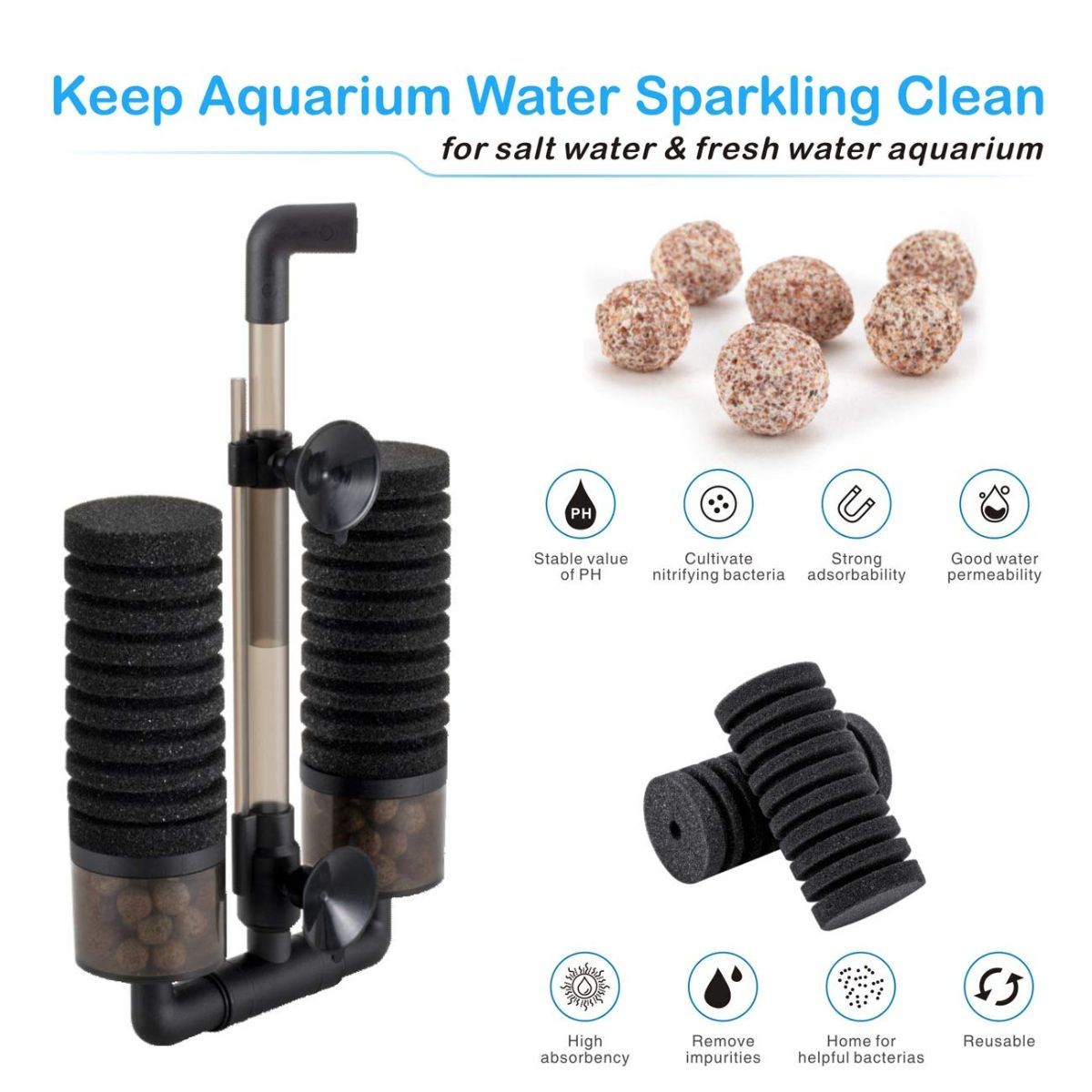 Aquarium Double Sponge Filter, Comes with 2 Spare Sponges - Black - Size S - Image 5