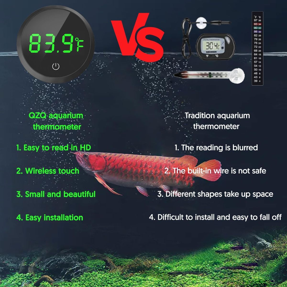 Fish Tank Thermometer Aquarium Thermometer Wireless Touch Stick Digital Aquarium Thermometer LED Display ±1°F for Monitoring The Fish Tank Aquarium Temperature Accessories - Black - Size 1.77in - Image 5