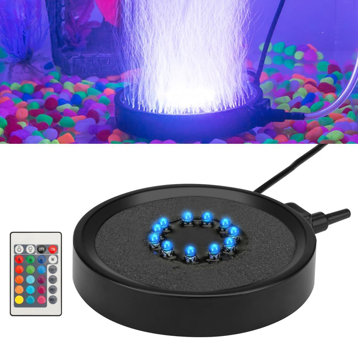 Aquarium Bubble Light LED Fish Tank Bubbler Light, Remote Controlled Aquariums Air Stone Disk Lamp with 16 Color Changing, 4 Lighting Effects for Tanks and Ponds - Image 1
