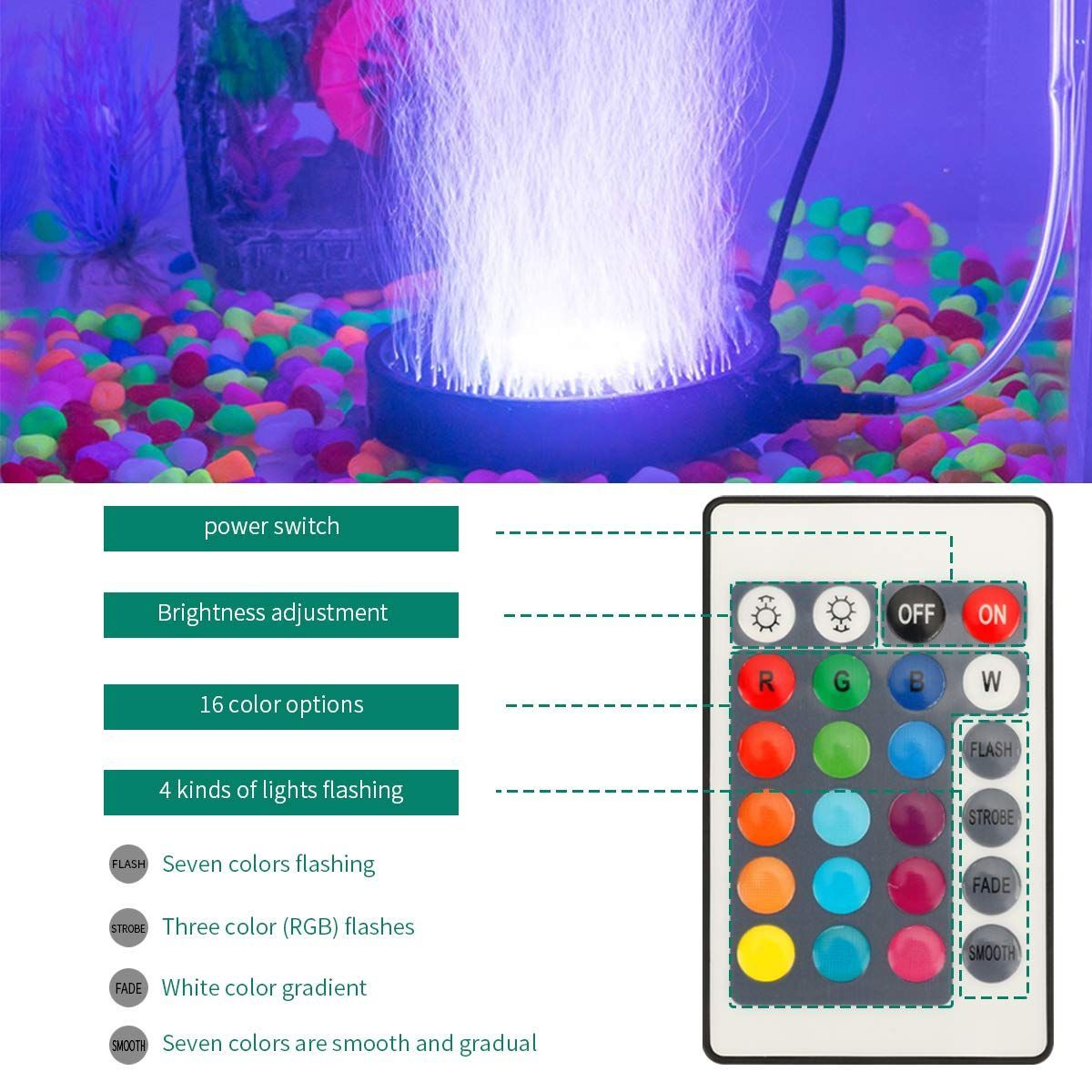 Aquarium Bubble Light LED Fish Tank Bubbler Light, Remote Controlled Aquariums Air Stone Disk Lamp with 16 Color Changing, 4 Lighting Effects for Tanks and Ponds - Image 2