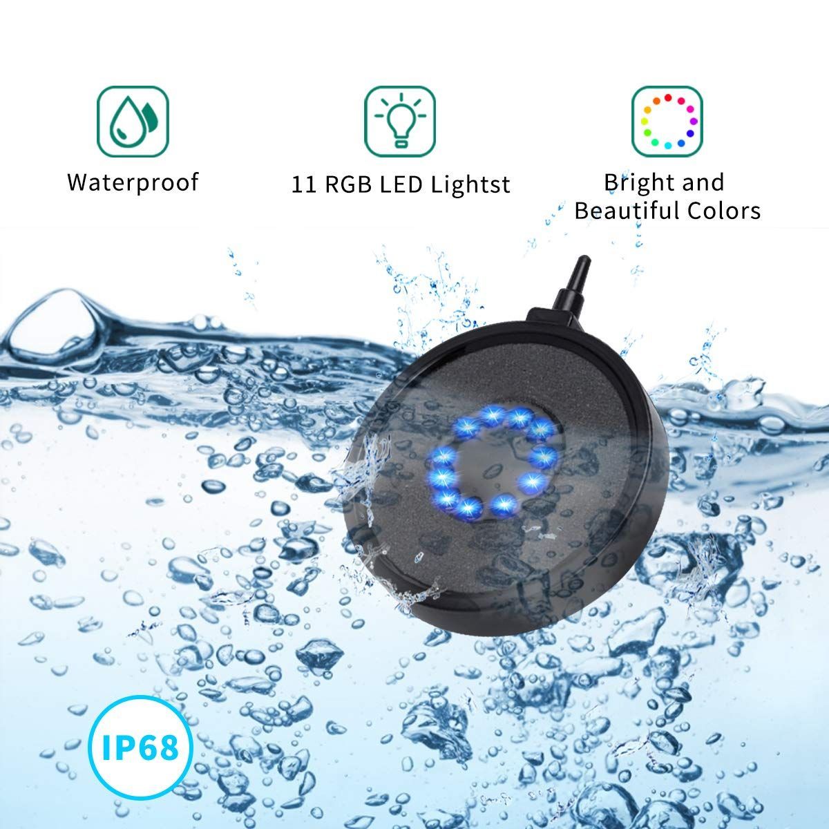 Aquarium Bubble Light LED Fish Tank Bubbler Light, Remote Controlled Aquariums Air Stone Disk Lamp with 16 Color Changing, 4 Lighting Effects for Tanks and Ponds - Image 3