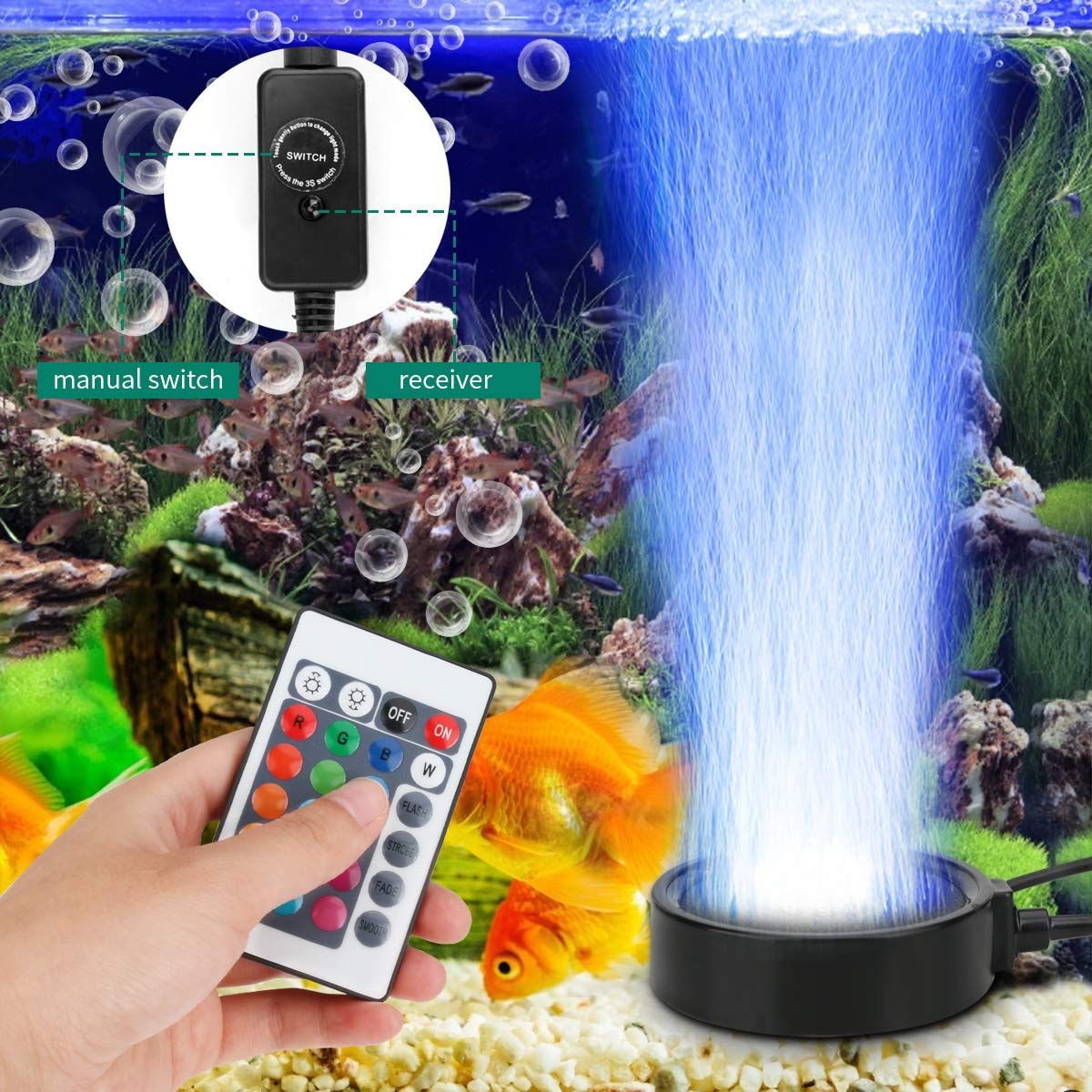 Aquarium Bubble Light LED Fish Tank Bubbler Light, Remote Controlled Aquariums Air Stone Disk Lamp with 16 Color Changing, 4 Lighting Effects for Tanks and Ponds - Image 4
