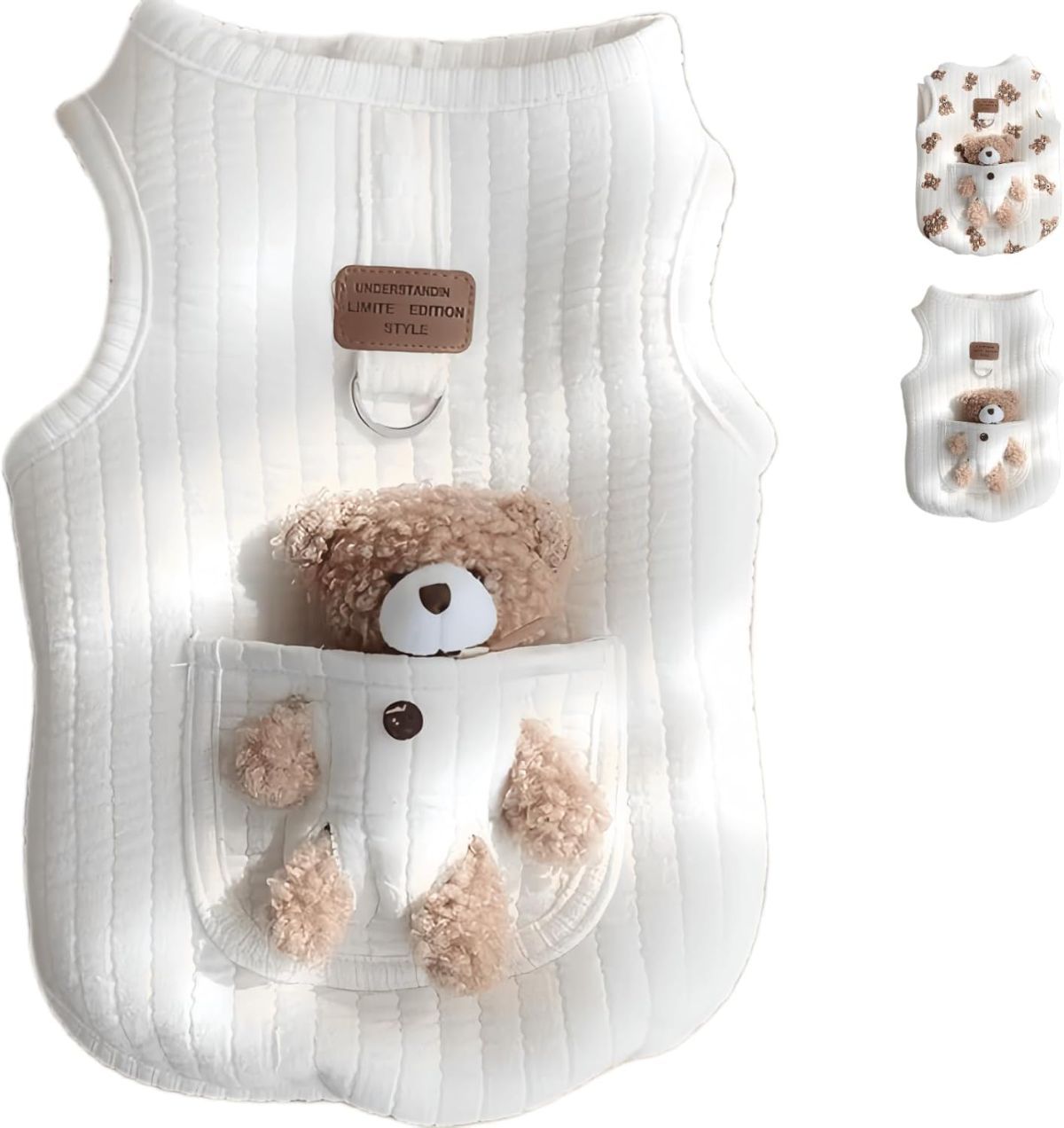 Pet Sweater Plush Bear Pattern Sleeveless Pet Clothing Puppy Outfit Kitten - Ivory - Size S - Image 1