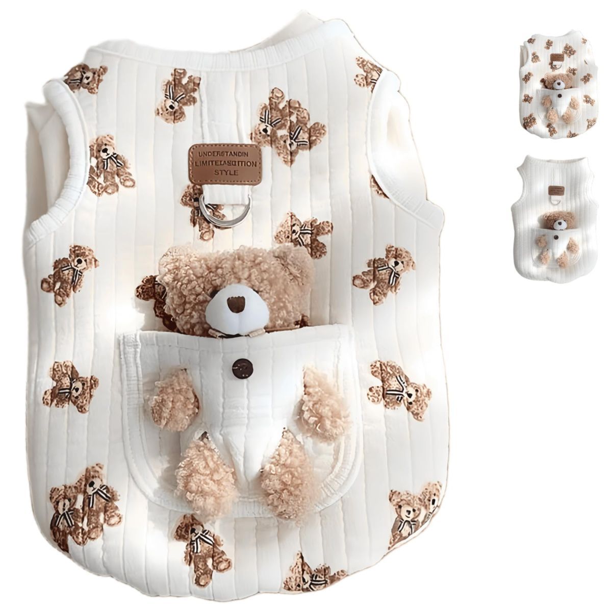 Pet Sweater Plush Bear Pattern Sleeveless Pet Clothing Puppy Outfit Kitten - White - Size L - Image 1