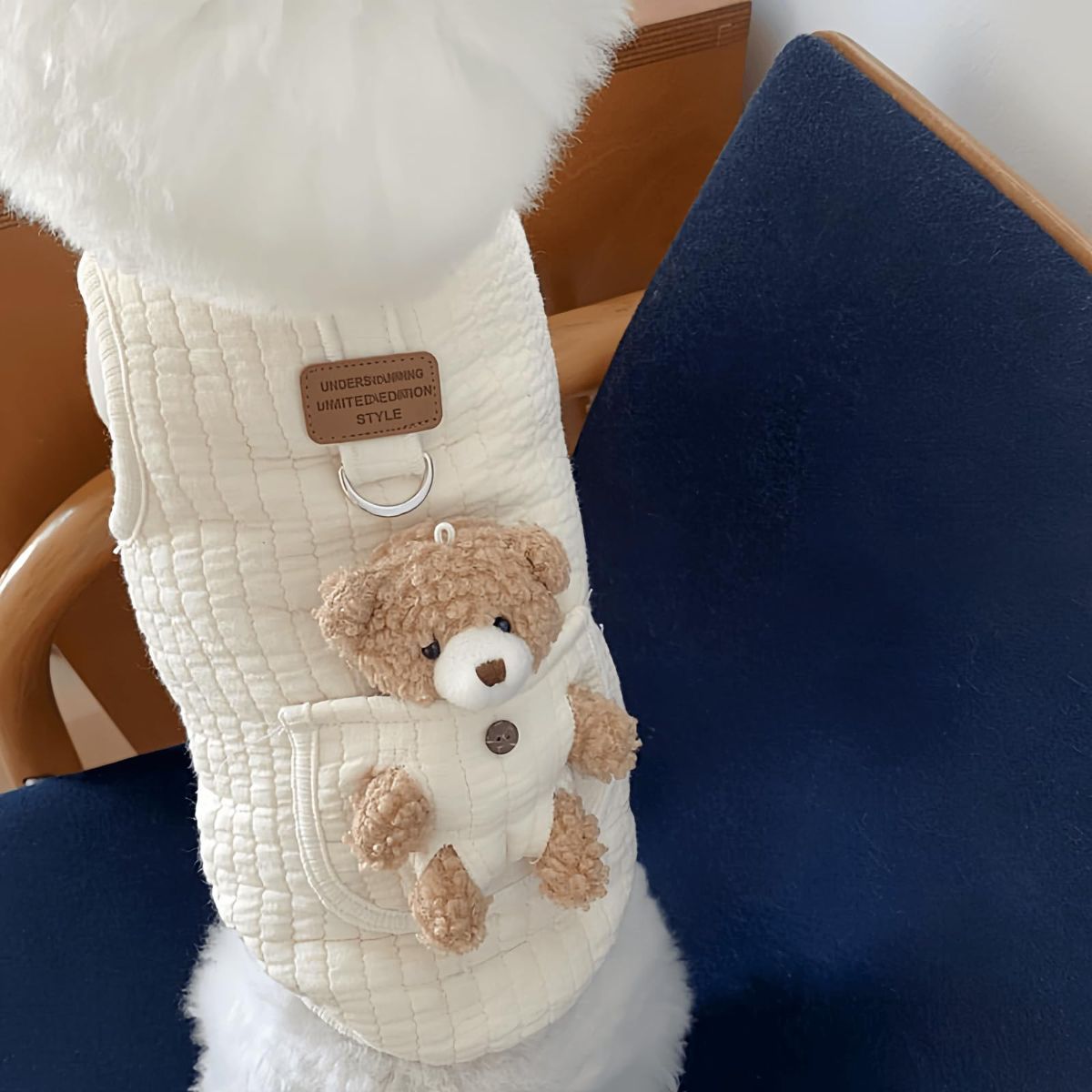 Pet Sweater Plush Bear Pattern Sleeveless Pet Clothing Puppy Outfit Kitten - White - Size M - Image 2