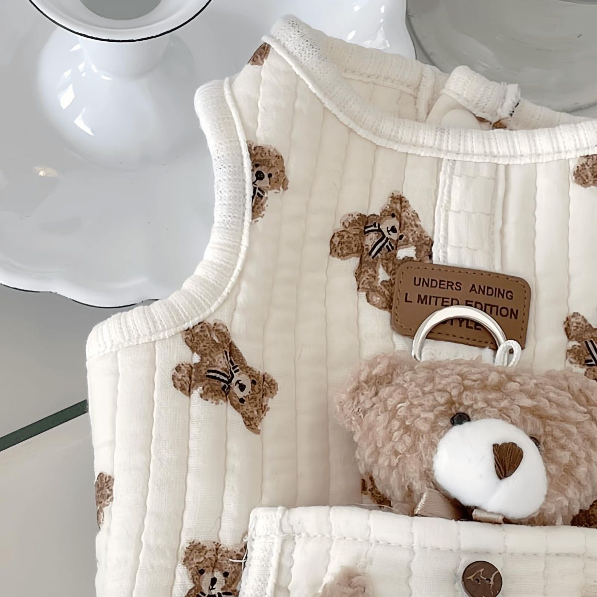 Pet Sweater Plush Bear Pattern Sleeveless Pet Clothing Puppy Outfit Kitten - White - Size S - Image 3