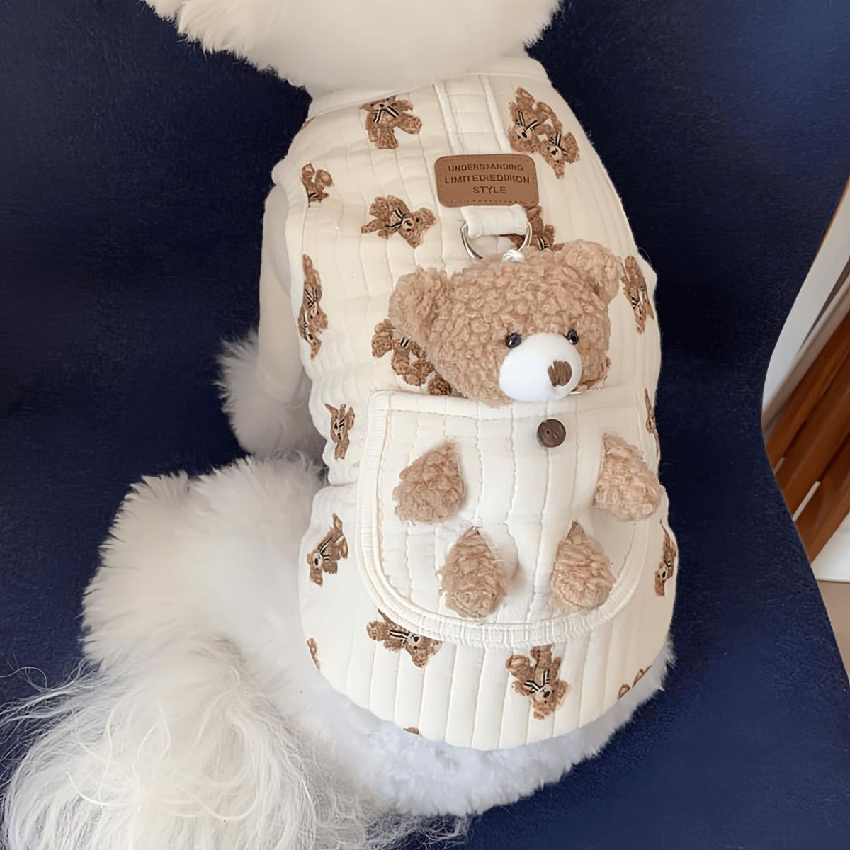 Pet Sweater Plush Bear Pattern Sleeveless Pet Clothing Puppy Outfit Kitten - White - Size S - Image 4