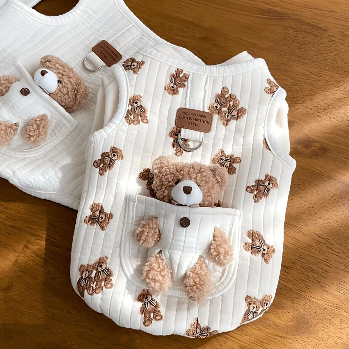 Pet Sweater Plush Bear Pattern Sleeveless Pet Clothing Puppy Outfit Kitten - White - Size S - Image 8
