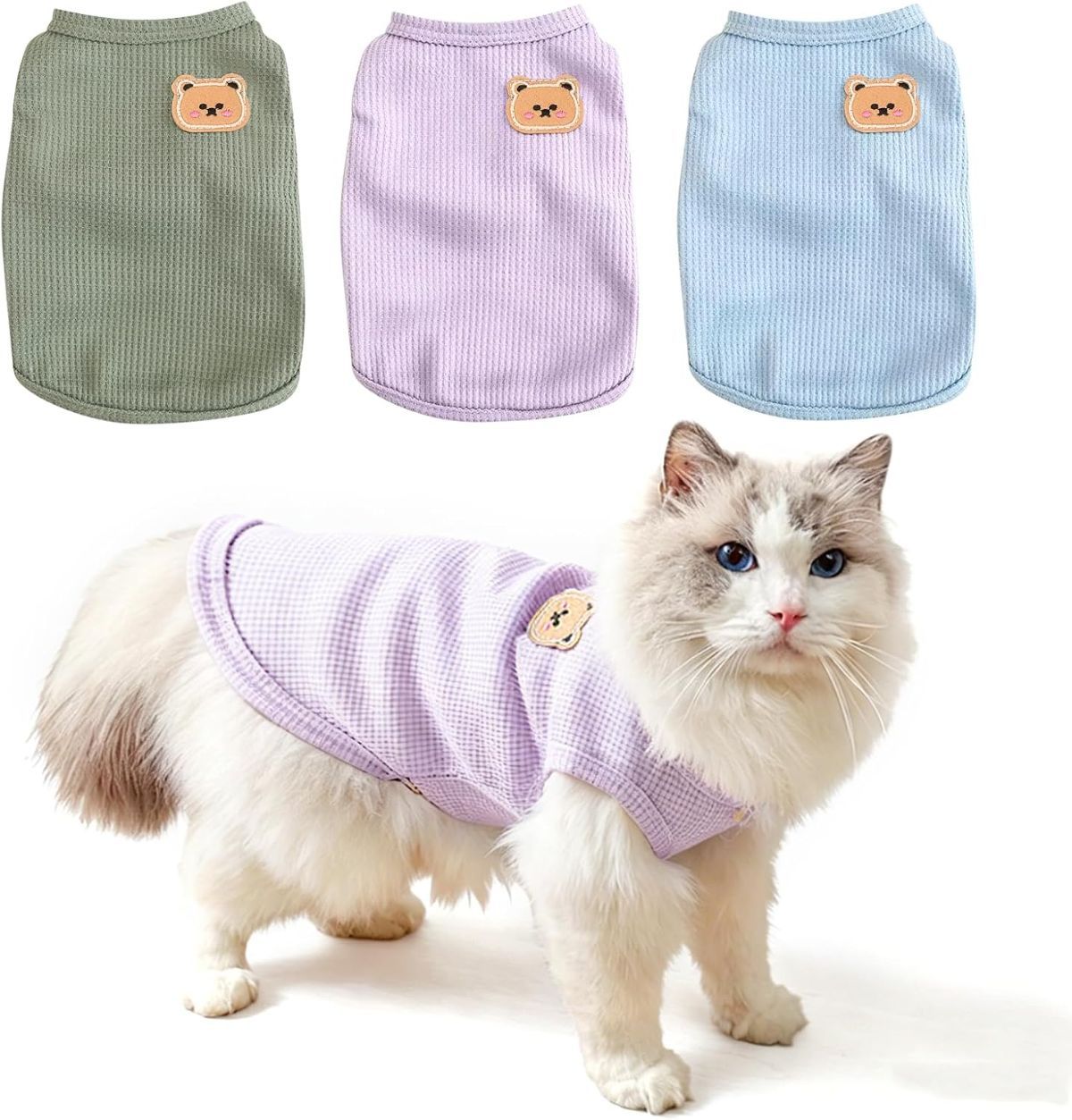 3PCS Waffle Knit Pet Shirt Sphynx Cat Clothing Small Dog T-Shirt Pet Fashion - Purple&Blue&Green / M(4.1-7.5lb) - Image 1