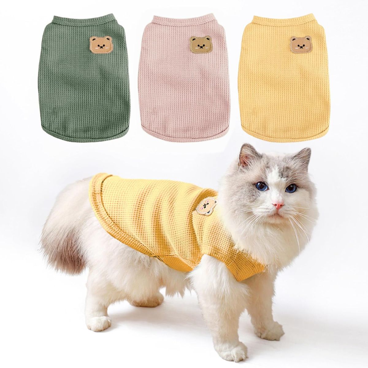 3PCS Waffle Knit Pet Shirt Sphynx Cat Clothing Small Dog T-Shirt Pet Fashion - Green&Pink&Yellow / L(7.6-12lb) - Image 1