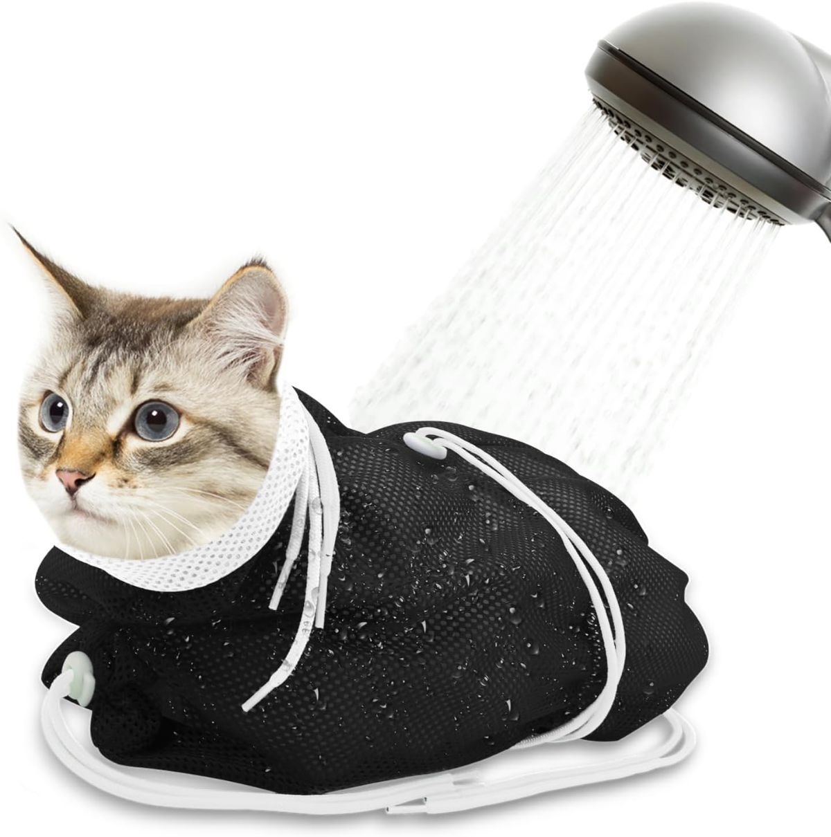 Cat Bath Bag Breathable Cat Shower Bag Anti-Scratch Cat Grooming Bag Adjustable - Black - Size 19.6 - Image 1
