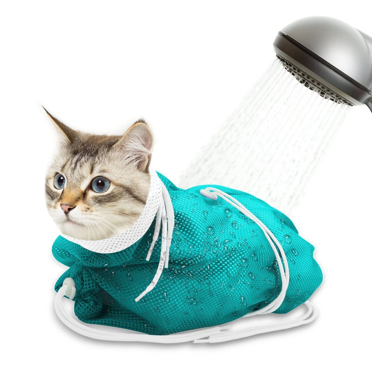 Cat Bath Bag Breathable Cat Shower Bag Anti-Scratch Cat Grooming Bag Adjustable - Blue - Size 19.6 - Image 1