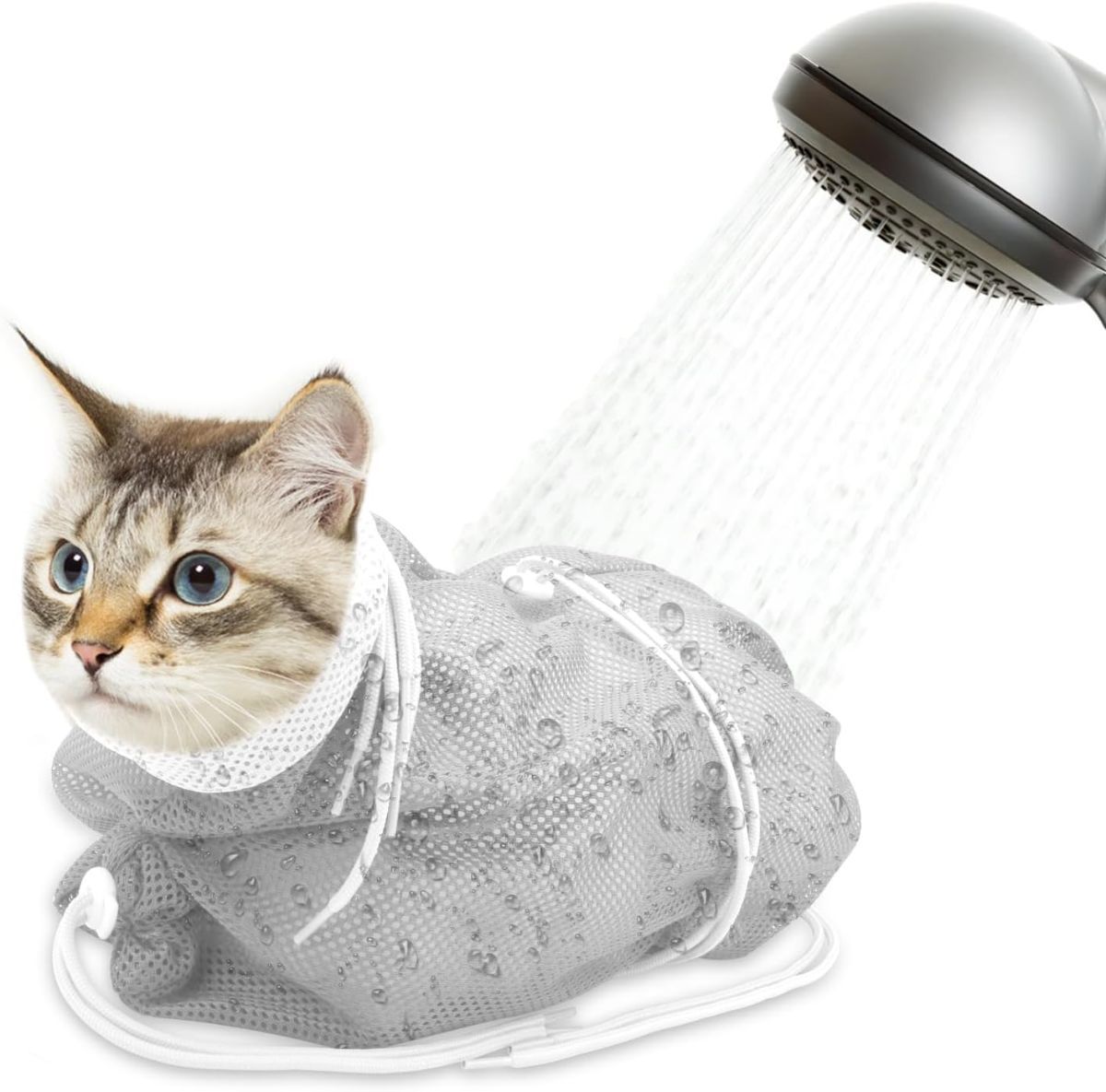 Cat Bath Bag Breathable Cat Shower Bag Anti-Scratch Cat Grooming Bag Adjustable - Gray - Size 19.6 - Image 1