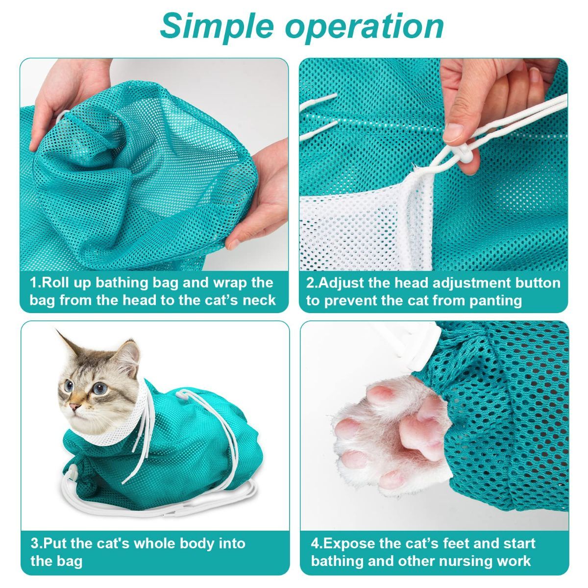 Cat Bath Bag Breathable Cat Shower Bag Anti-Scratch Cat Grooming Bag Adjustable - Gray - Size 19.6 - Image 7