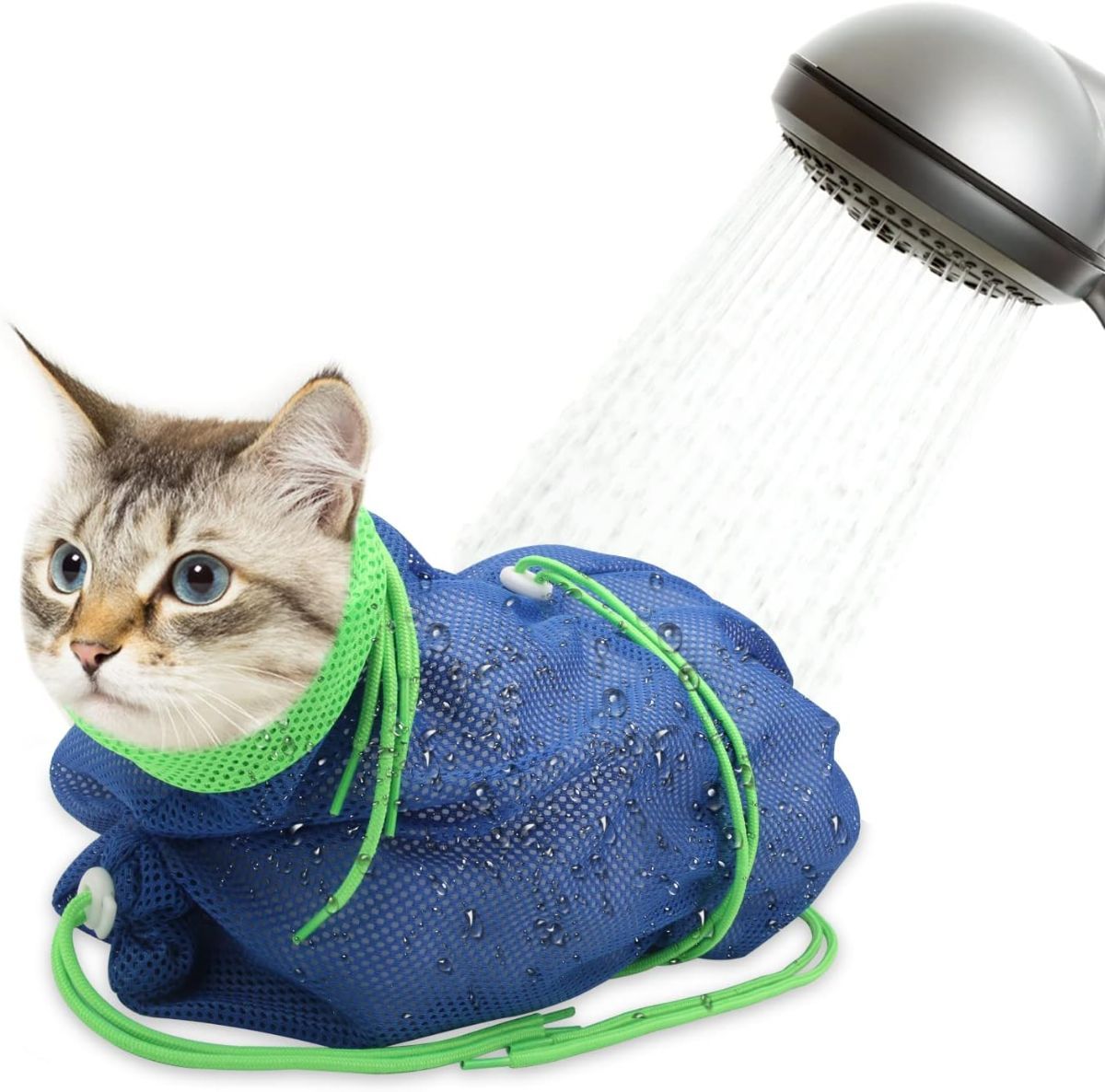 Cat Bath Bag Breathable Cat Shower Bag Anti-Scratch Cat Grooming Bag Adjustable - Navy - Size 19.6 - Image 1