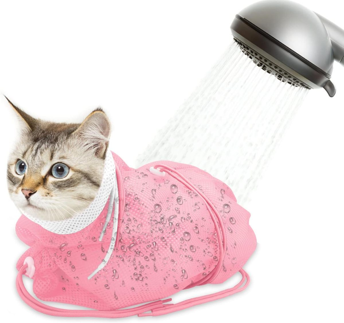 Cat Bath Bag Breathable Cat Shower Bag Anti-Scratch Cat Grooming Bag Adjustable - Pink - Size 19.6 - Image 1