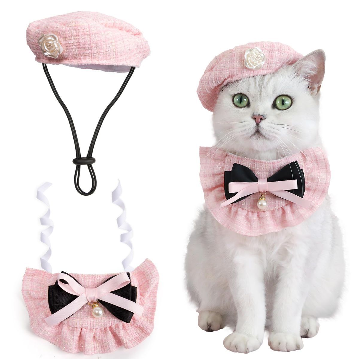 Cat Beret Cat Headscarf Pet Outfit Cat Accessories Halloween Pet Costume - Pink - Image 1