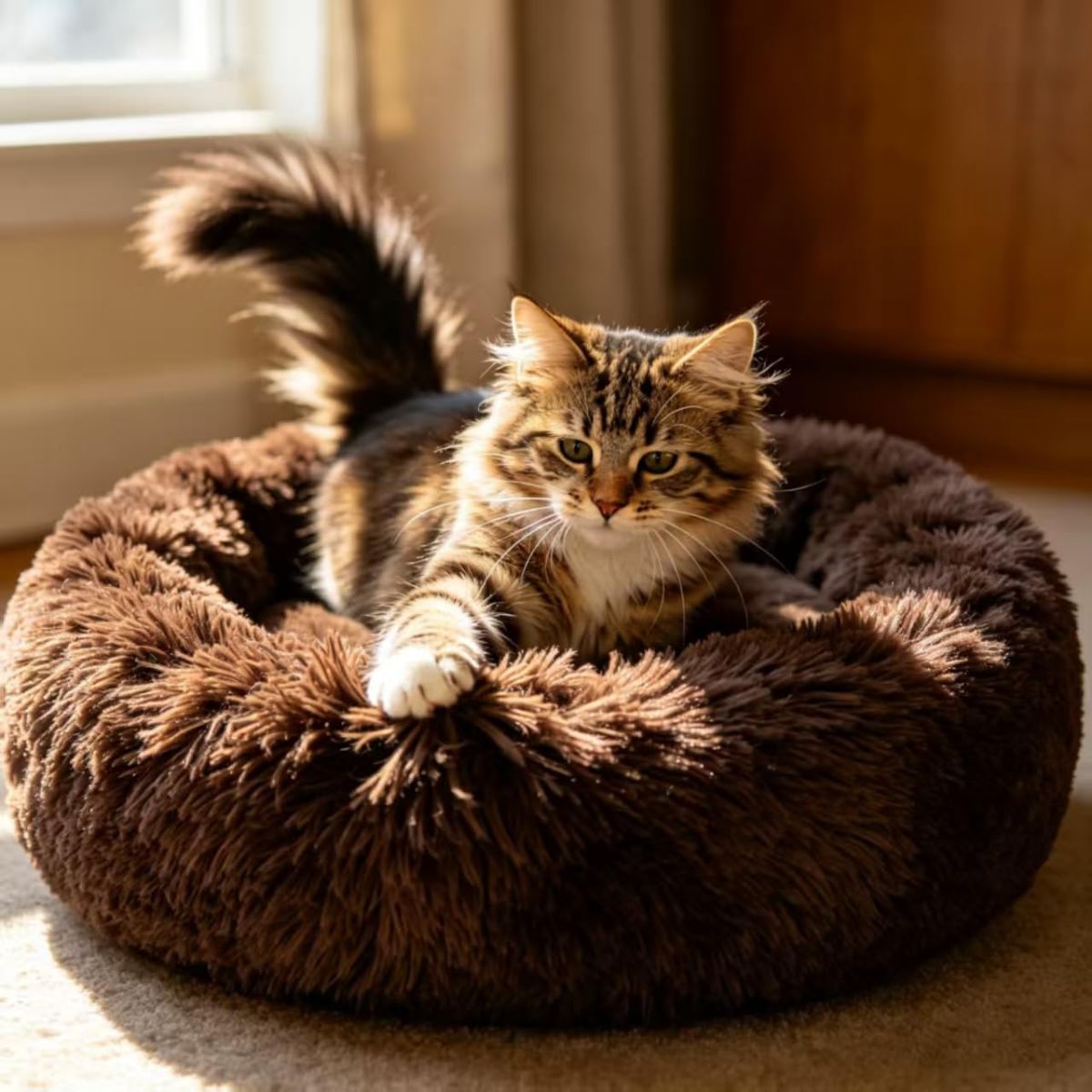 Cat Bed Fluffy Cat Bed Round Cat Bed Cat Furniture Cat Comfort Cat Sleeping Bed - Dark Brown / 24in - Image 1