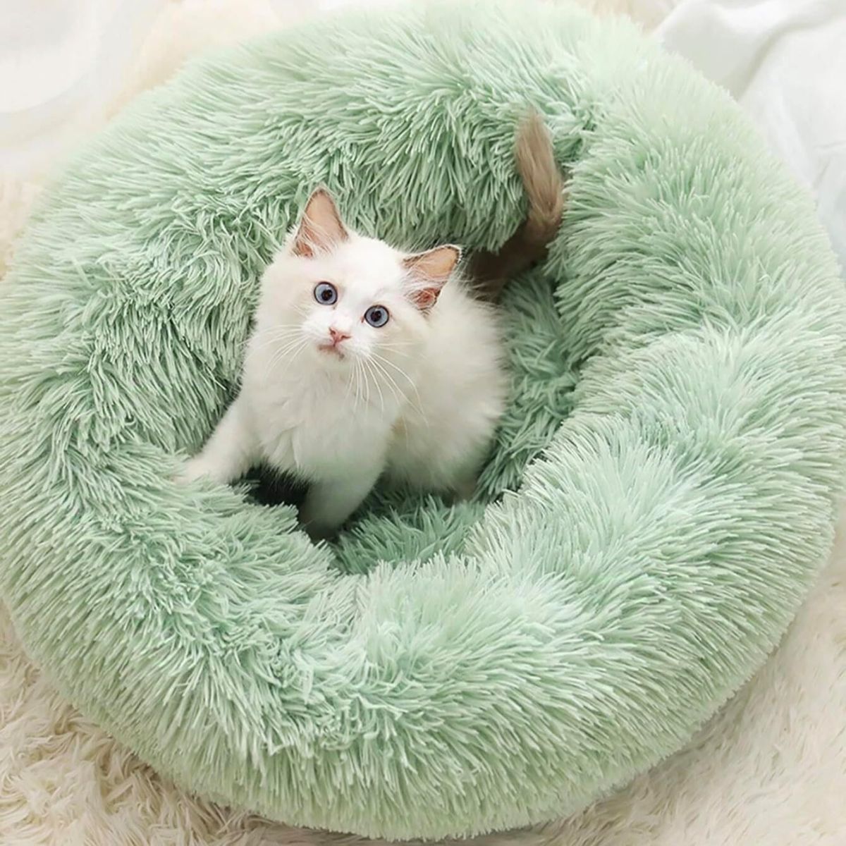 Cat Bed Fluffy Cat Bed Round Cat Bed Cat Furniture Cat Comfort Cat Sleeping Bed - Green / 24in - Image 1