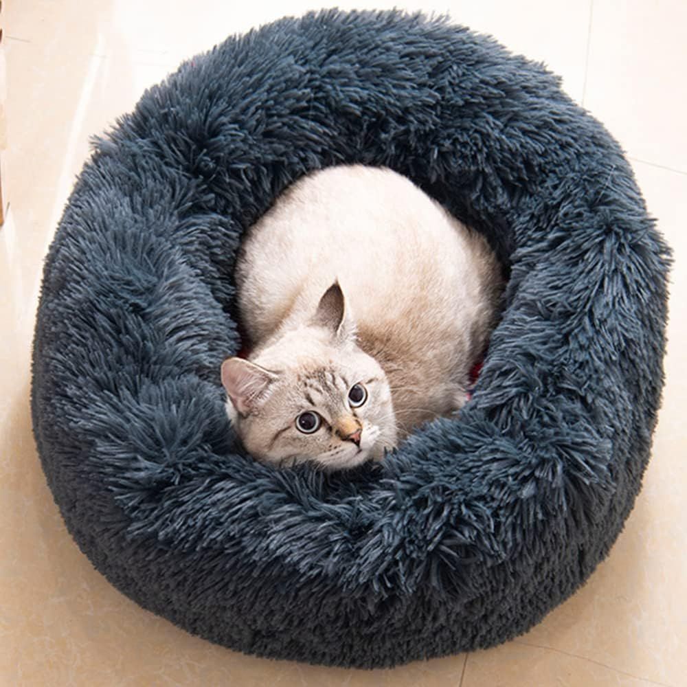 Cat Bed Fluffy Cat Bed Round Cat Bed Cat Furniture Cat Comfort Cat Sleeping Bed - Navy / 20in - Image 1
