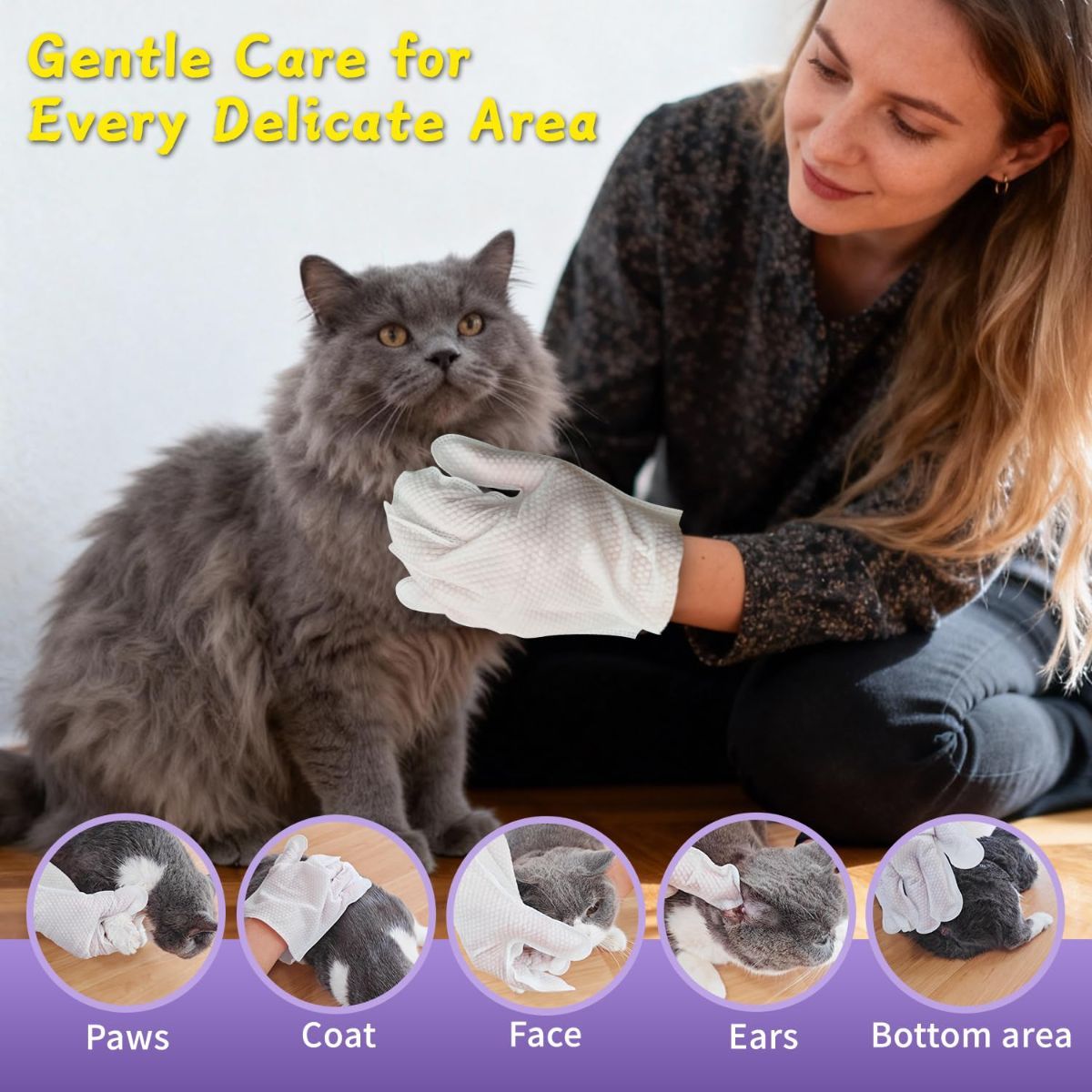 Pack of 3 Hypoallergenic Pet Wipes Natural Pet Cleaning Wipes Dog And Cat Grooming Gloves - Image 5